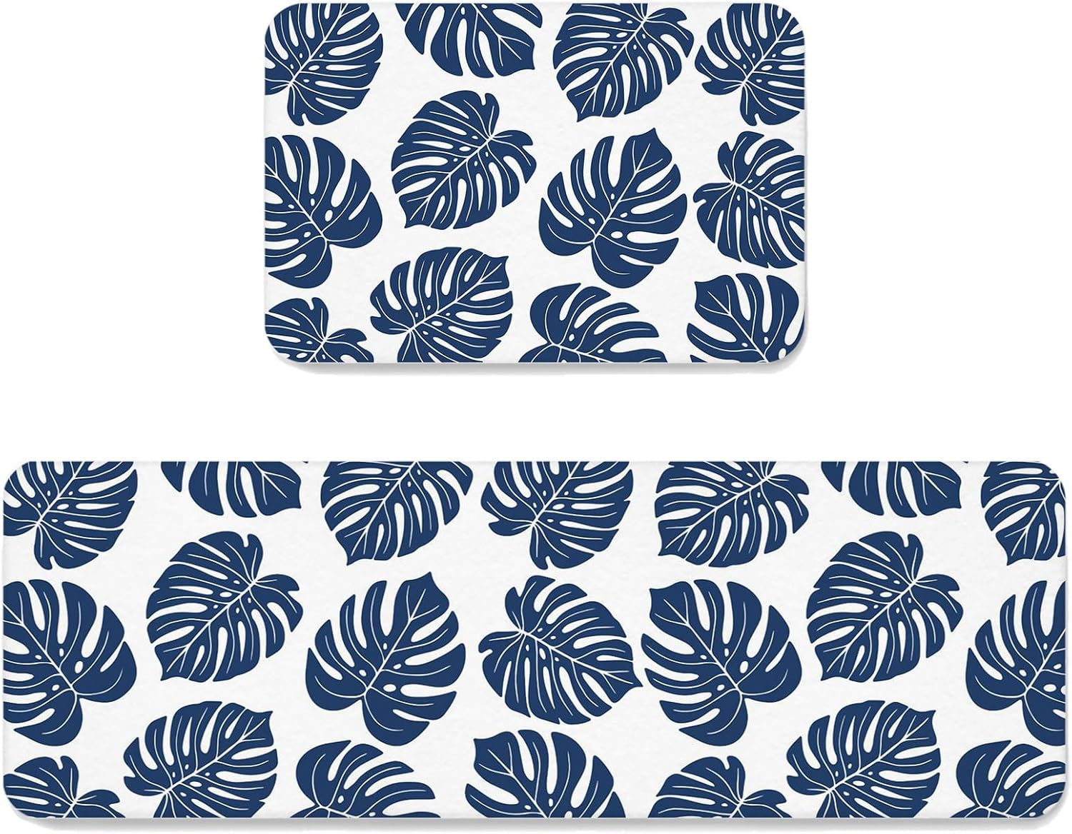 Deep Blue Monstera Leaf Kitchen Mats Set of 2 Summer Tropical Botanical Minimalist Modern Non Slip Mat Washable Floor Rug for Kitchen Sink Floor Laundry, 20"x24"+20"x48"