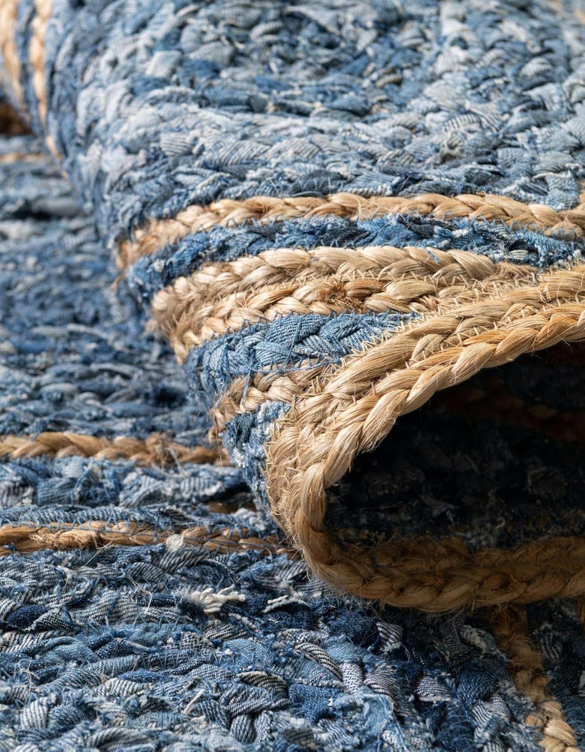 Unique Loom Braided Jute Collection Area Rug - Bengal (1' 2" x 6' 1" Table Runner, Blue/ Natural)