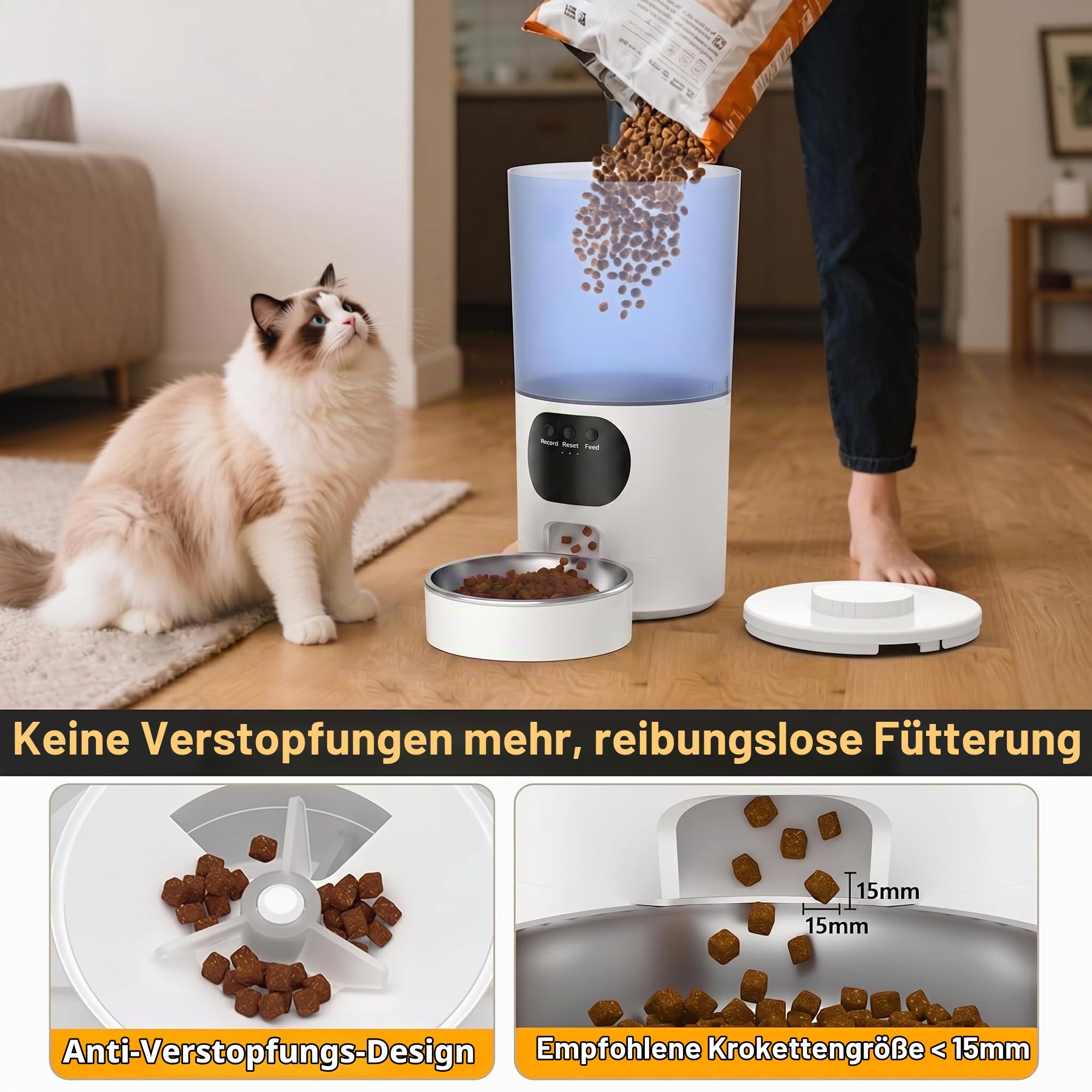 PF1-5L Futterautomat Katze WiFi, Edelstahlschüssel für Trockenfutter, Programmierbar & portionsgeregelt, Verstopfungsgeschützt, automatische Auslaufverschließung, Notbatteriefach