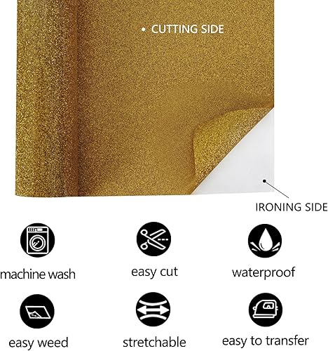 Miniatura 3 de Vinilo HTV con purpurina  Rollos de vinilo de transferencia de calor FUNKAKA con purpurina dorada de 12 pulgadas x 8 pies, vinilo dorado con