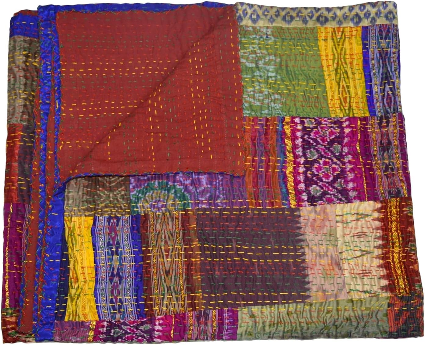 Handmade Indian Vintage Kantha Quilts Silk Sari patola Kantha Quilt Bohemian Designer Silk Patchwork Twin Size bedspreads