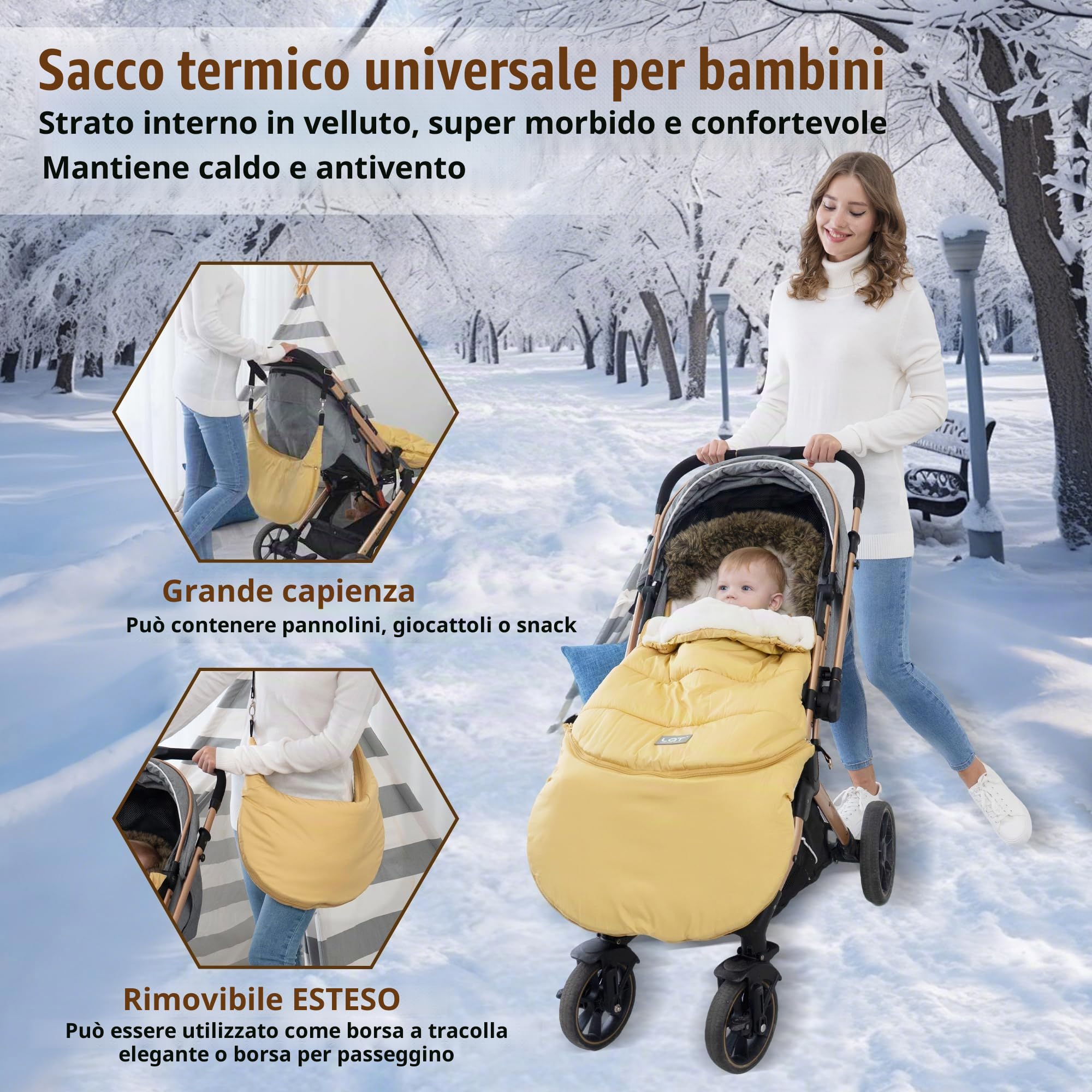 Sacco Termico Invernale per Passeggino Universale, Coprigambe Passeggino Universale con Sezione di Prolunga Staccabile, Impermeabile Sacco Passeggino Invernale (Colletto di Pelliccia, Giallo)