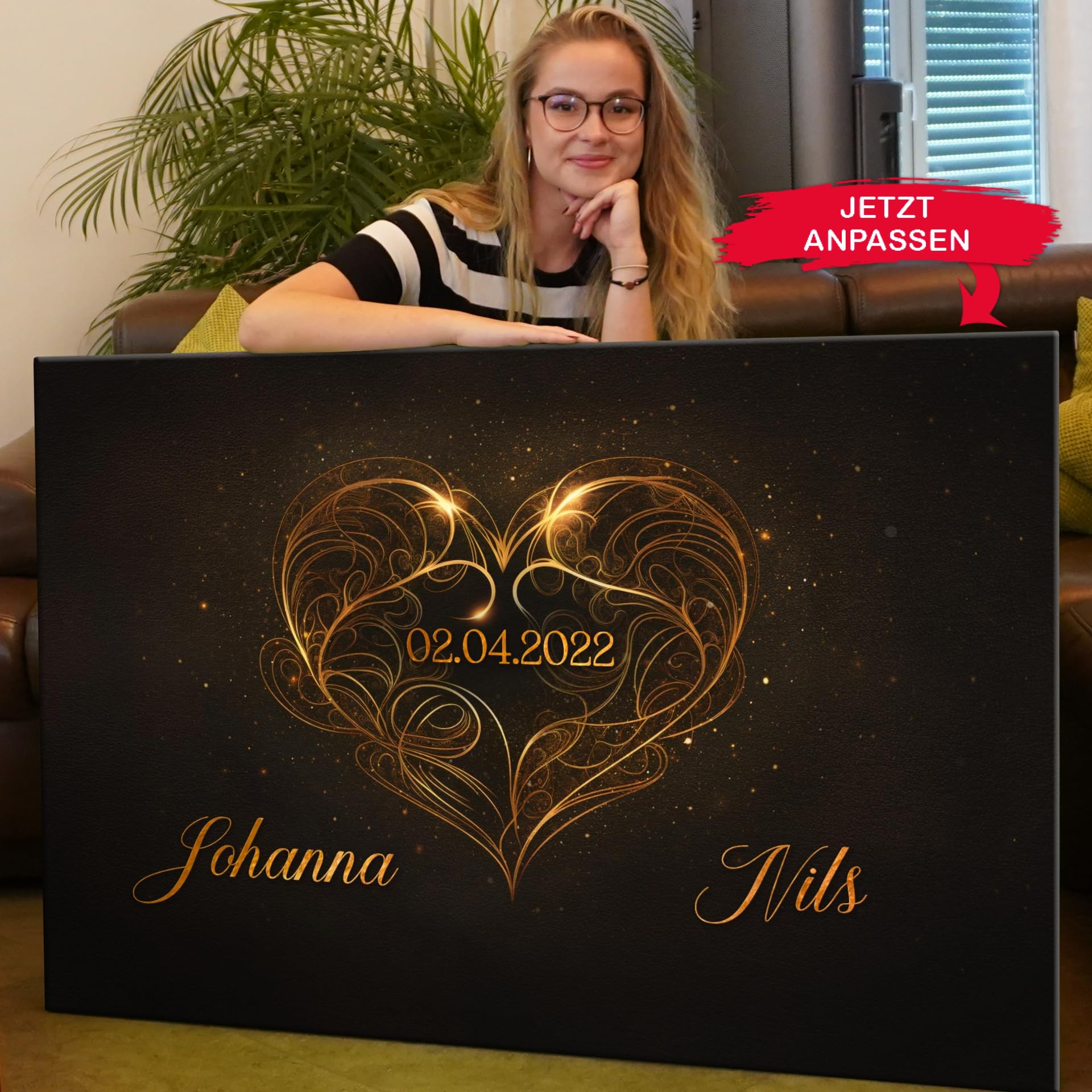 Liebesleinwand Leinwandbild personalisiert | Leinwand gestalten mit Namen und Datum Geschenk für Partner | Elegante Liebe