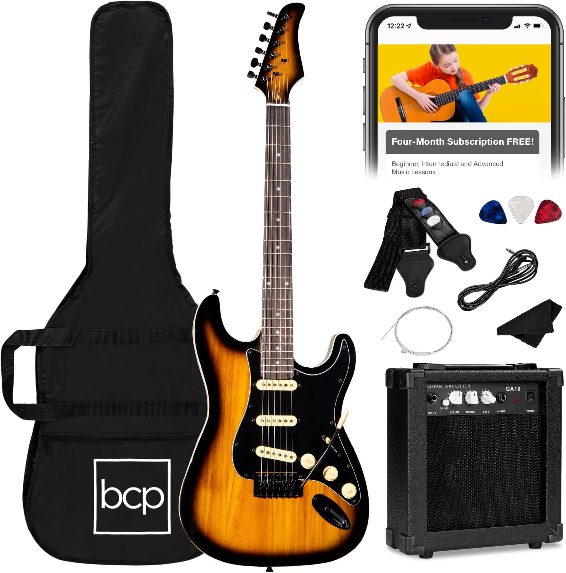39in Full Size Beginner Electric Guitar Starter Kit w/Case, Strap, 10W Amp, Strings, Pick, Tremolo Bar - Sunburst