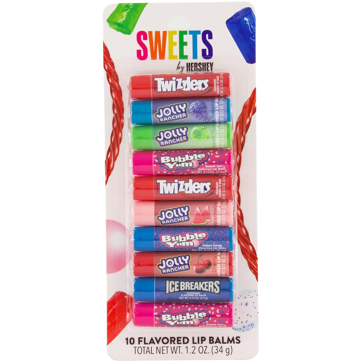 Sweets by Hershey 10 Flavored Lip Balms | Twizzlers, Jolly Rancher, Bubble Yum, Ice Breakers | Cruelty Free