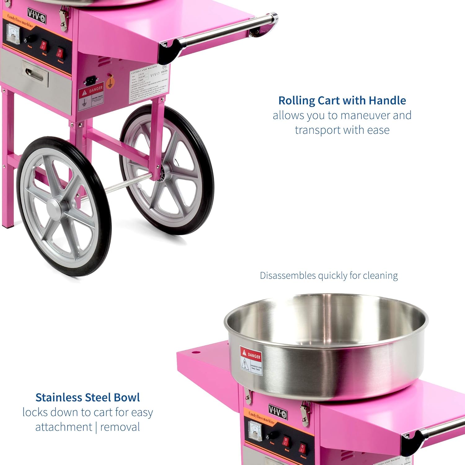 VIVO Pink 1030W Electric Cotton Candy Machine Cart, Mobile Rolling Candy Floss Maker, 20 inch Stainless Steel Bowl, Bubble Shield Cover Sugar Scoop and Drawer, Easy Home or Commercial Use, CANDY-KIT-2
