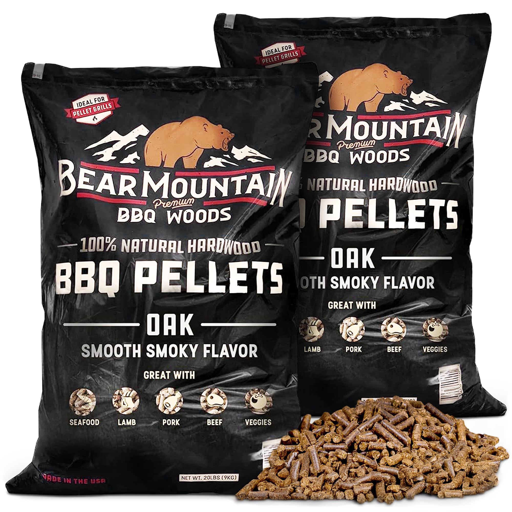 Bear Mountain 2-Pack All Natural Wood Pellets for Smoker, Grill & BBQ, 20 Lbs, Oak - Premium Hardwood Barbecue Pellet Accessories for Indoor and Outdoor Grilling