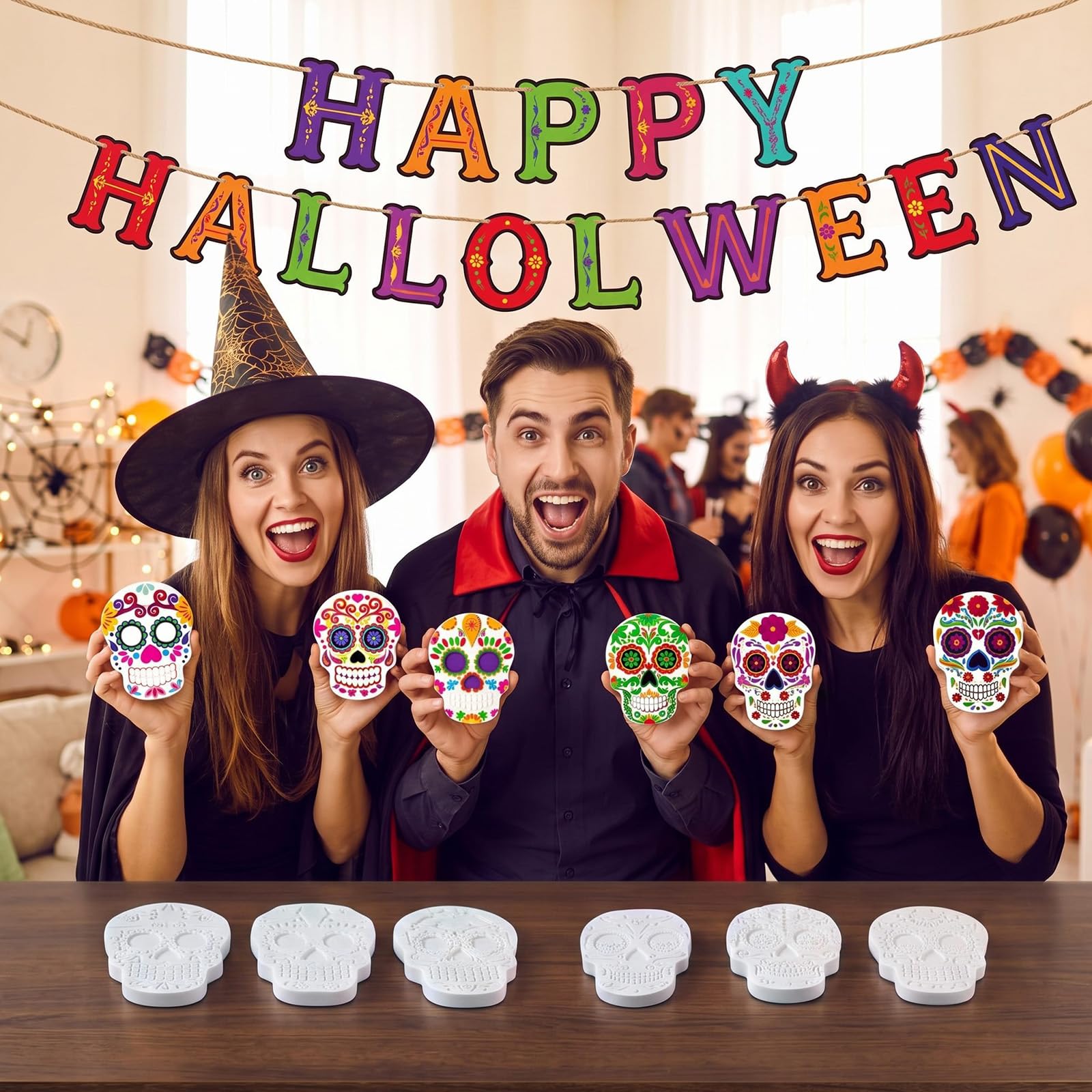 12 pezzi di ceramica di Halloween teschio di zucchero artigianato 6 unico in rilievo cuore floreale giorno dei morti teschi gesso bianco pittura fai da te il tuo kit artigianale per Día De