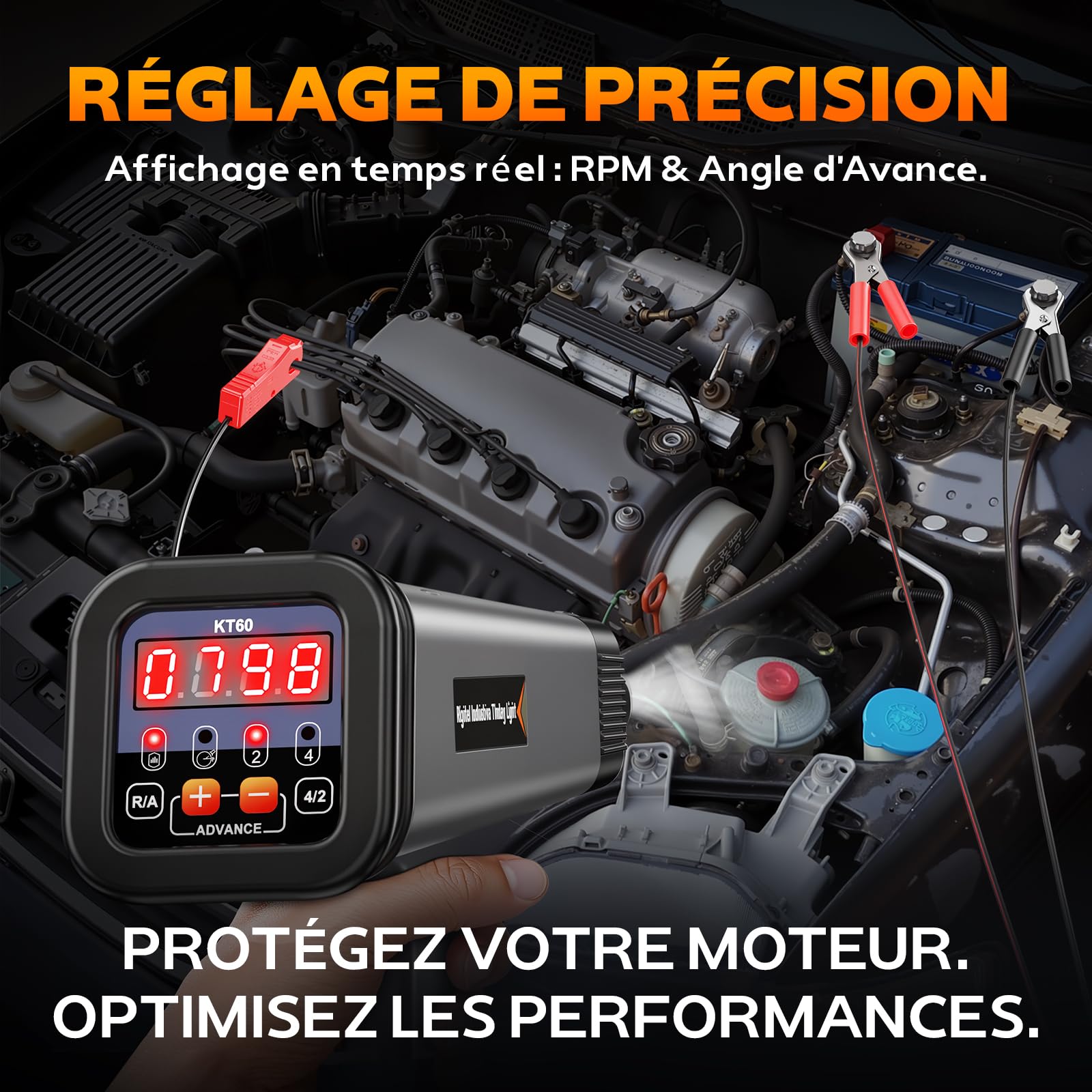 KZYEE KT60 Lampe Stroboscopique Allumage 12V Pistolet D'allumage Inductive 2/4 Temps Engine Timing Light avec Ecran LCD Pistolet Flash Portable Lampe Stroboscope pour Voiture, Moto, Marine