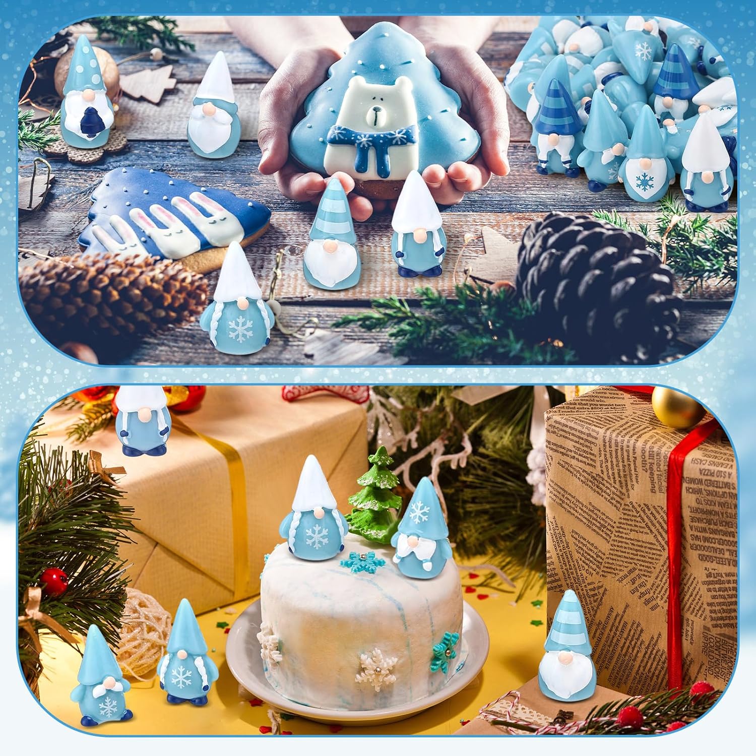 Yalikop 50 Pcs Mini Winter Resin Gnomes Bulk Miniature Gnomes Figurines Winter Christmas Decoration for Farmhouse Home Kitchen Tiered Tray Table Centerpieces Patio Garden Ornament to Hide