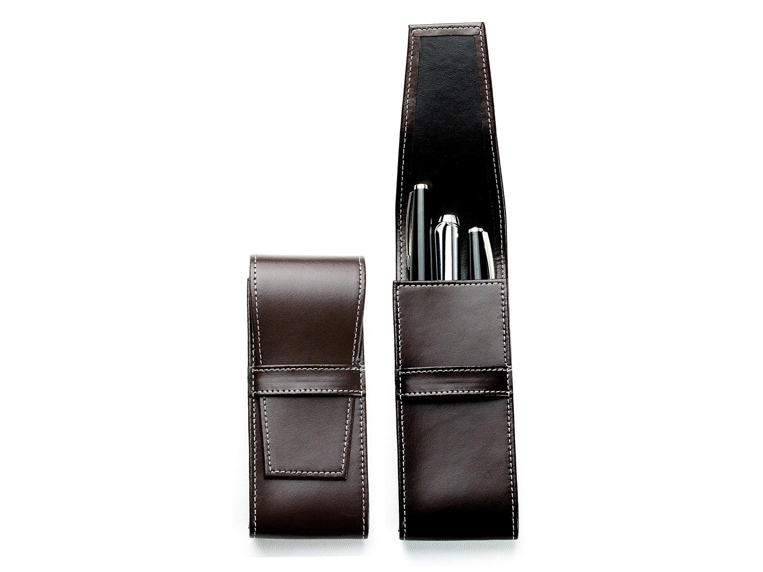 DELMON VARONE - Personalisierbares Schreibgeräteetui Cambridge Top Grain Leder Braun, Echtleder Stifteetui mit Verschlusslasche für 3 Schreibgeräte, Federtasche für Kugelschreiber, Bleistift & Füller