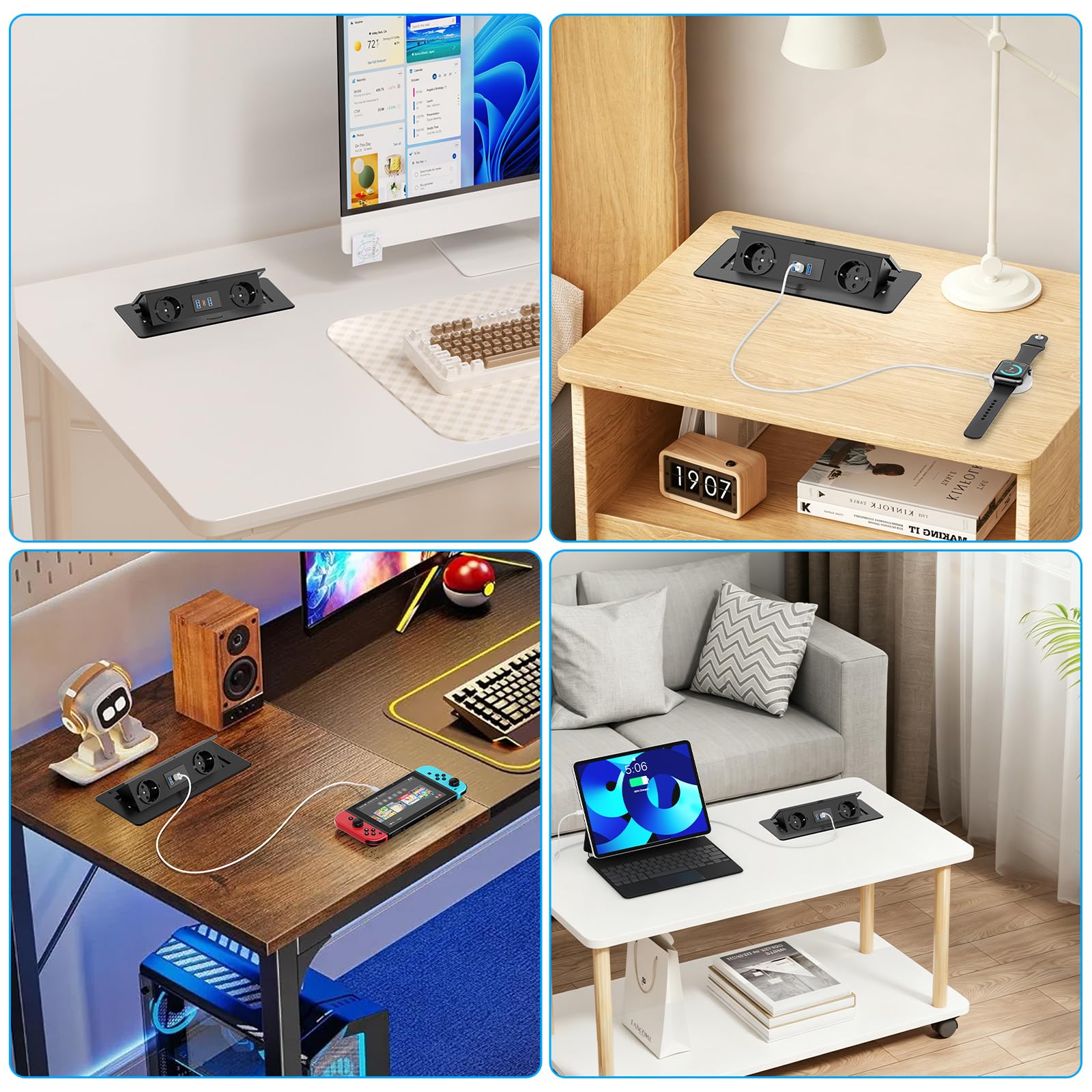 Alpheus Gniazdo wpuszczane na blat roboczy, USB-C PD 20W, 2 gniazda, czarne | Listwa zasilająca do zabudowy, 2 gniazda, USB-C PD 20 W, 2 USB-A 18W, metalowa obudowa, do biura, stołu konferencyjnego i