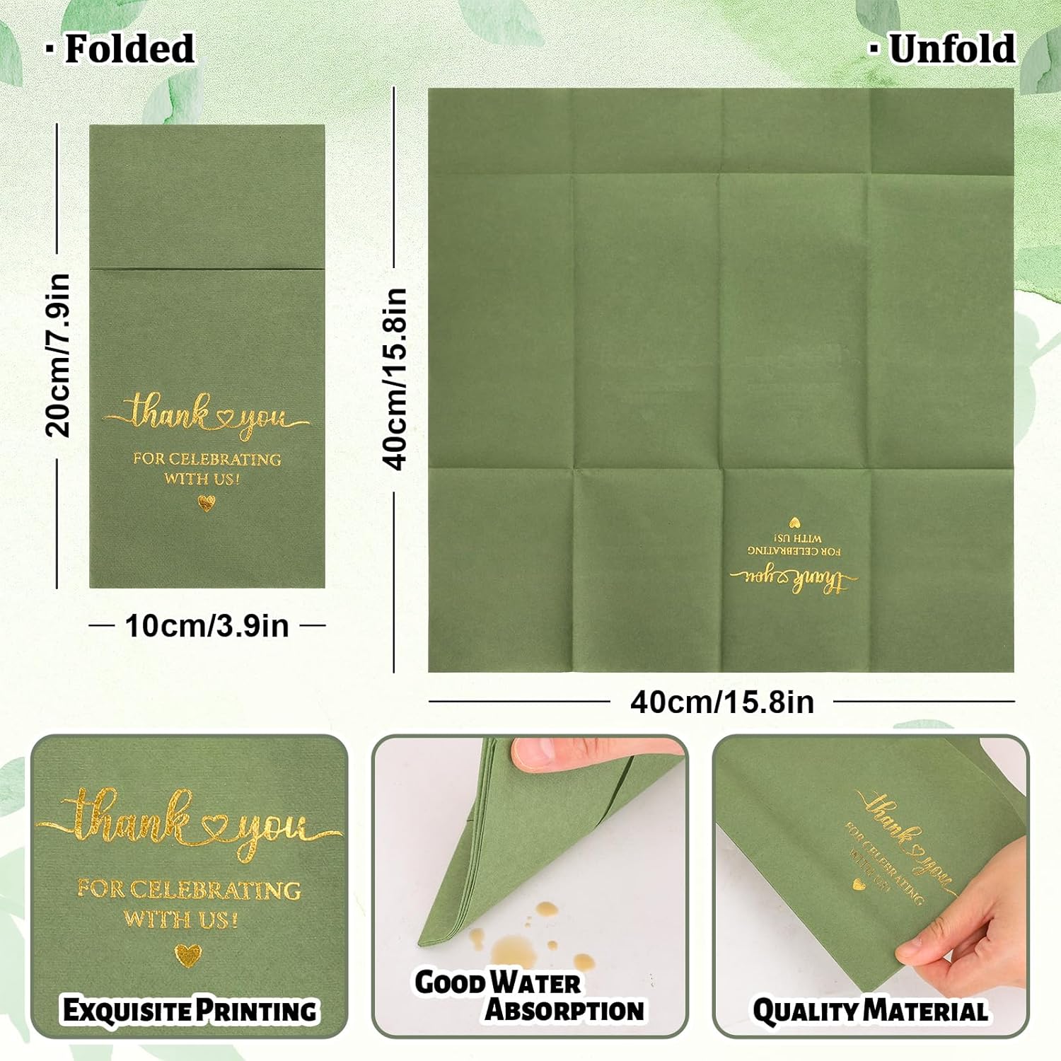 FYSUIMU 100 Pcs Wedding Linen Feel Napkins Sage Green Gold Foil Pocket Disposable Flatware Airlaid Paper Napkin Prefolded Dinner Guest Hand Towel For Wedding Engagement Bridal Baby Shower Party Decor