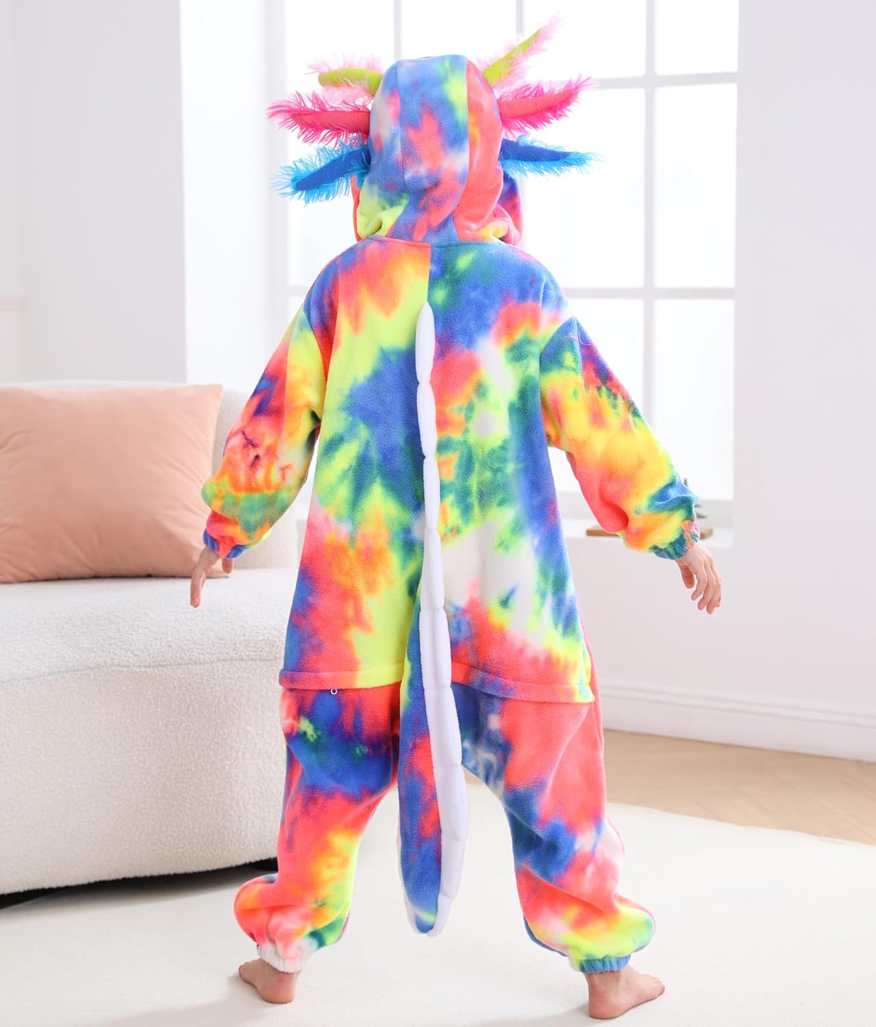 SimZoo Kids Animal Pajamas, Boy Girls Axolotl Cosplay Costume Sleepwear, One-Piece Unisex Homewear 4-13Y