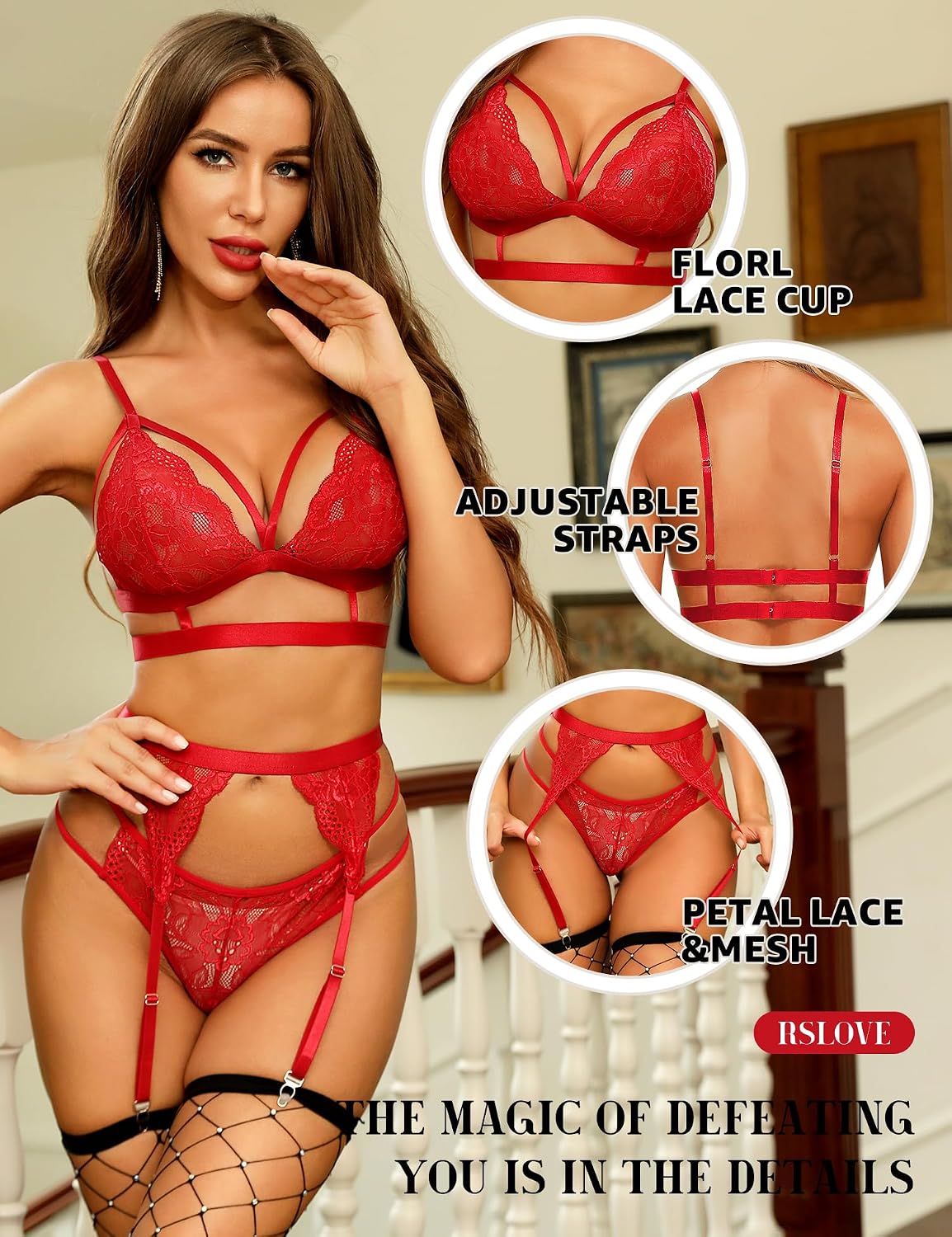 Lingerie Femme RSLOVE - Ensemble 3 Pièces Dentelle Avec Porte-Jarretelles | Soutien-Gorge Et Culotte Sexy