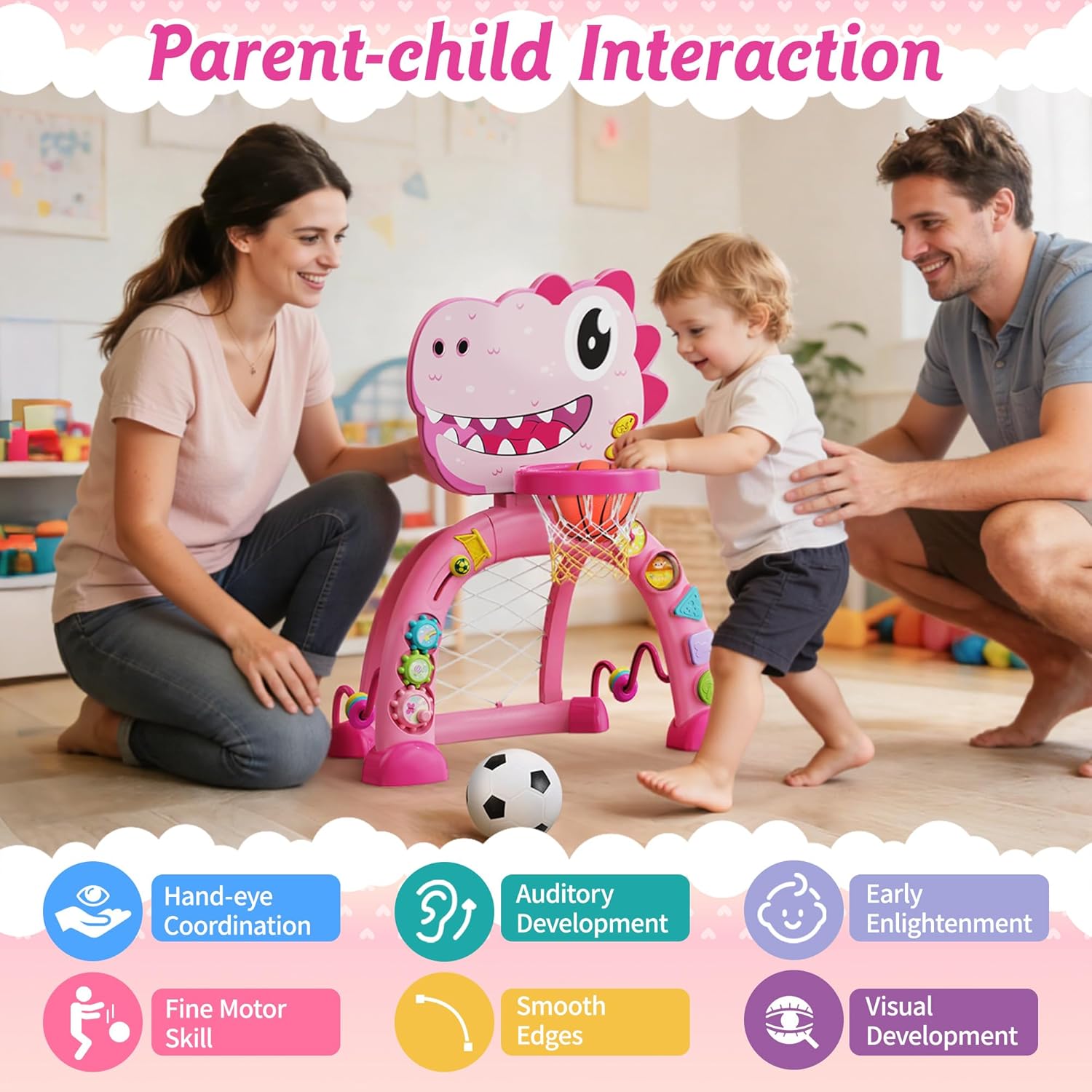 Dinosaur Toddler Basketball Hoop & Soccer Goal Montessori Toys with Sound and Music for Baby 12-18 Months,Twinkoo Christmas Birthday Gift Toys for 1 Year Old Boy and Girl(Pink)