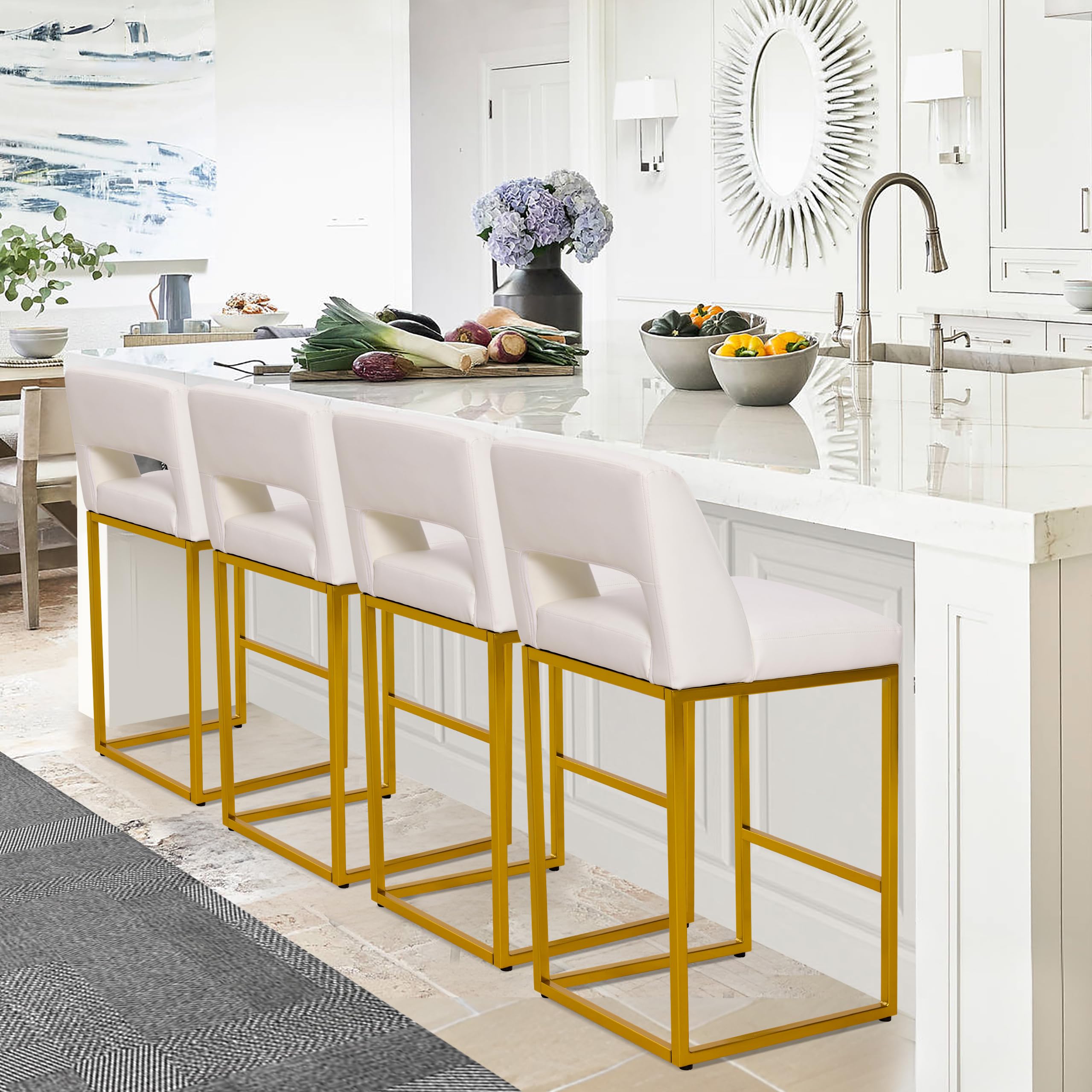 RNKSFX White and Gold Counter Height Bar Stools Set of 4 for Kitchen Counter Modern Bar Chairs with Backs for Kitchen Island with Upholstered Faux