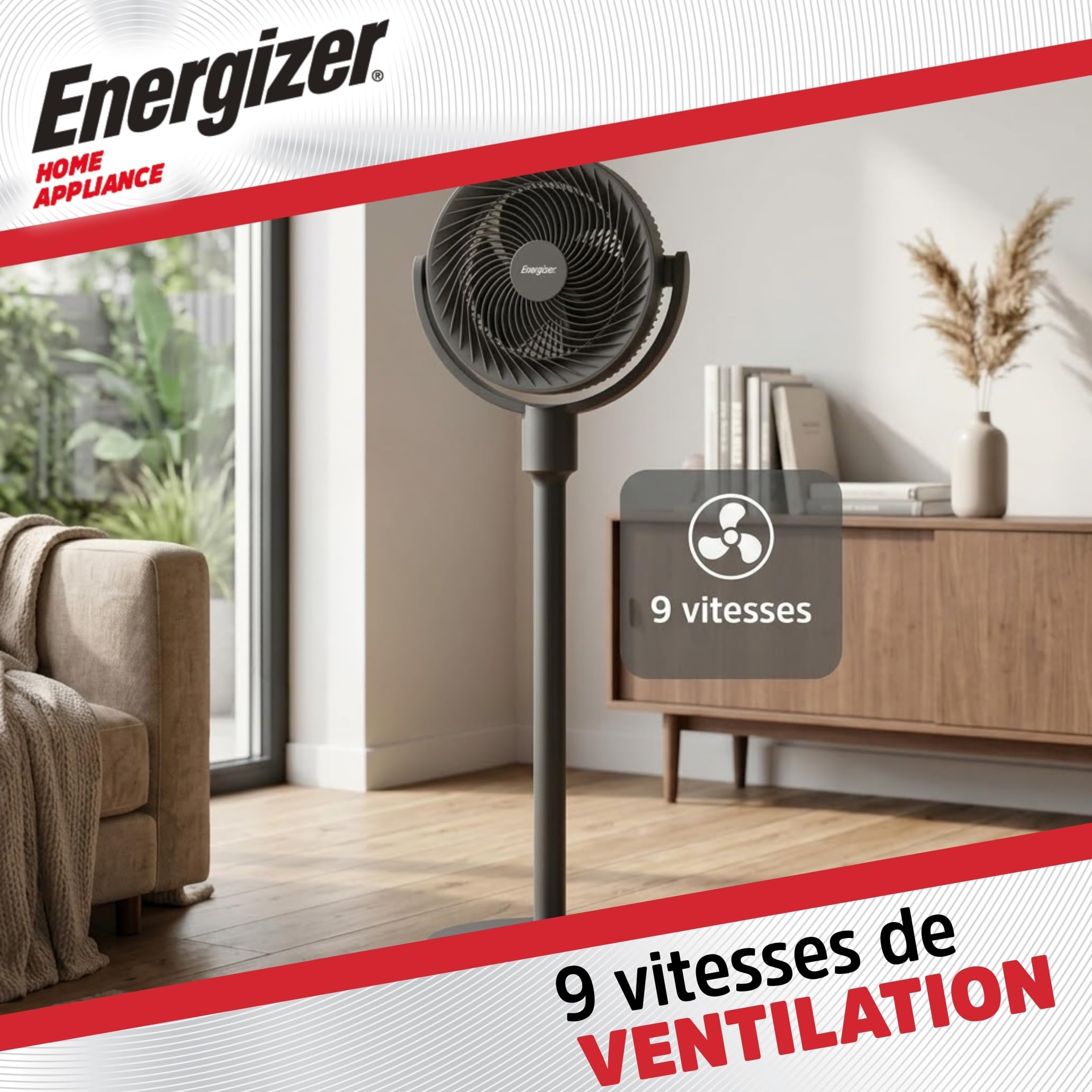 Energizer Ventilatore a Piantana Silenzioso 35 dB, 1017 m³/h, 9 Velocità, Oscillazione 90°, Portatile Ricaricabile 2400 mAh, Altezza 100 cm, Cavo USB Incluso, Per Ufficio e Camera, Grigio