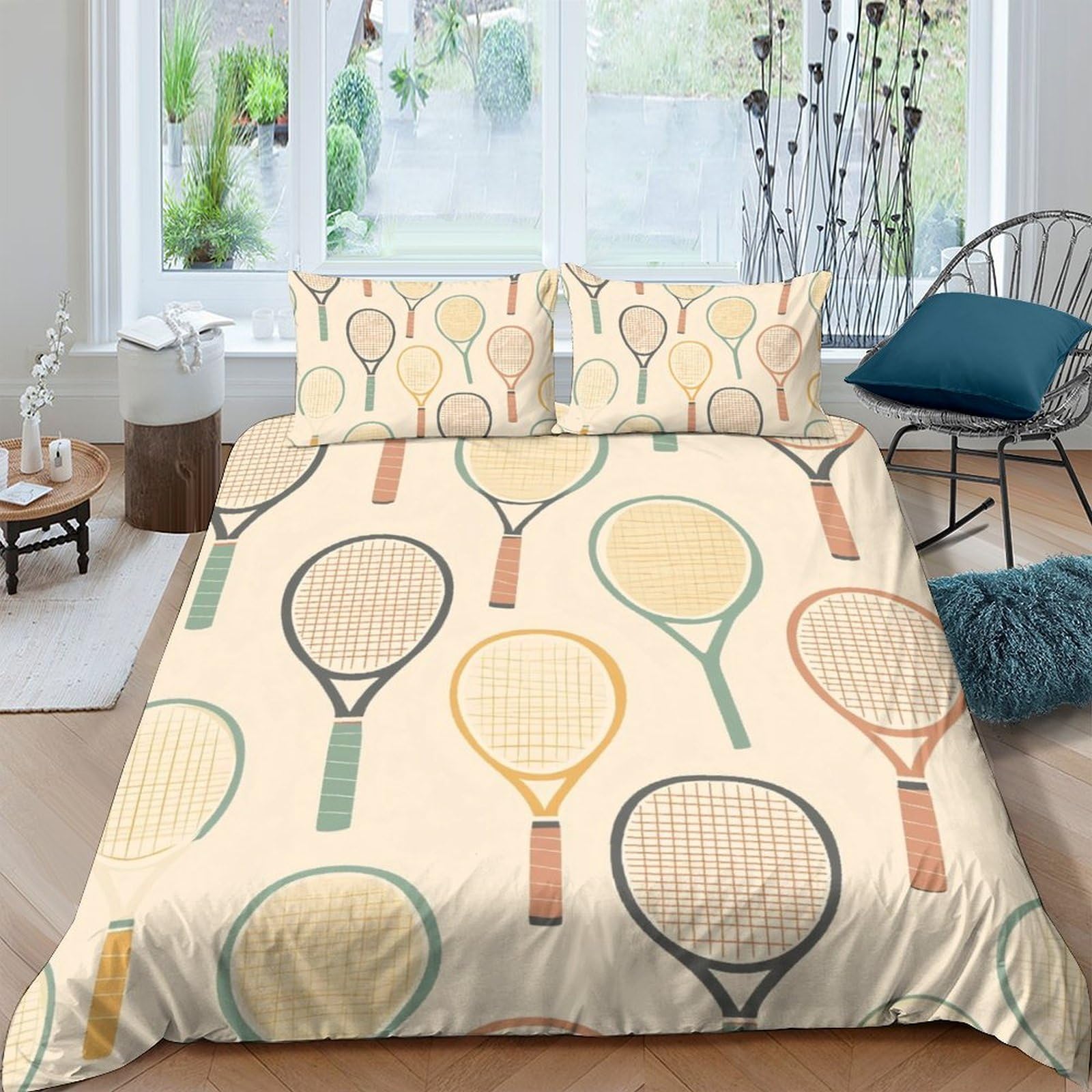 GPLZQXKJNH 3D Printed Tennis Racket Pattern Duvet Cover Microfiber Soft Breathable Sport Vintage Bedding Set with 2 Pillowcases for Bedroom Decor Single（135x200cm）