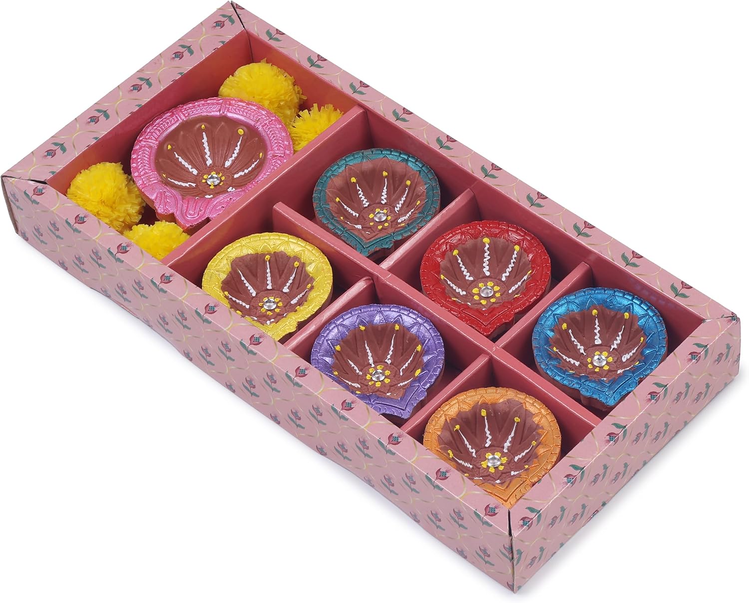 TRBD7-05 Handmade Multicolor Clay Diya Set of 7 for Navratri & Diwali Decorations Tea Light Holder Indian Festival Decor
