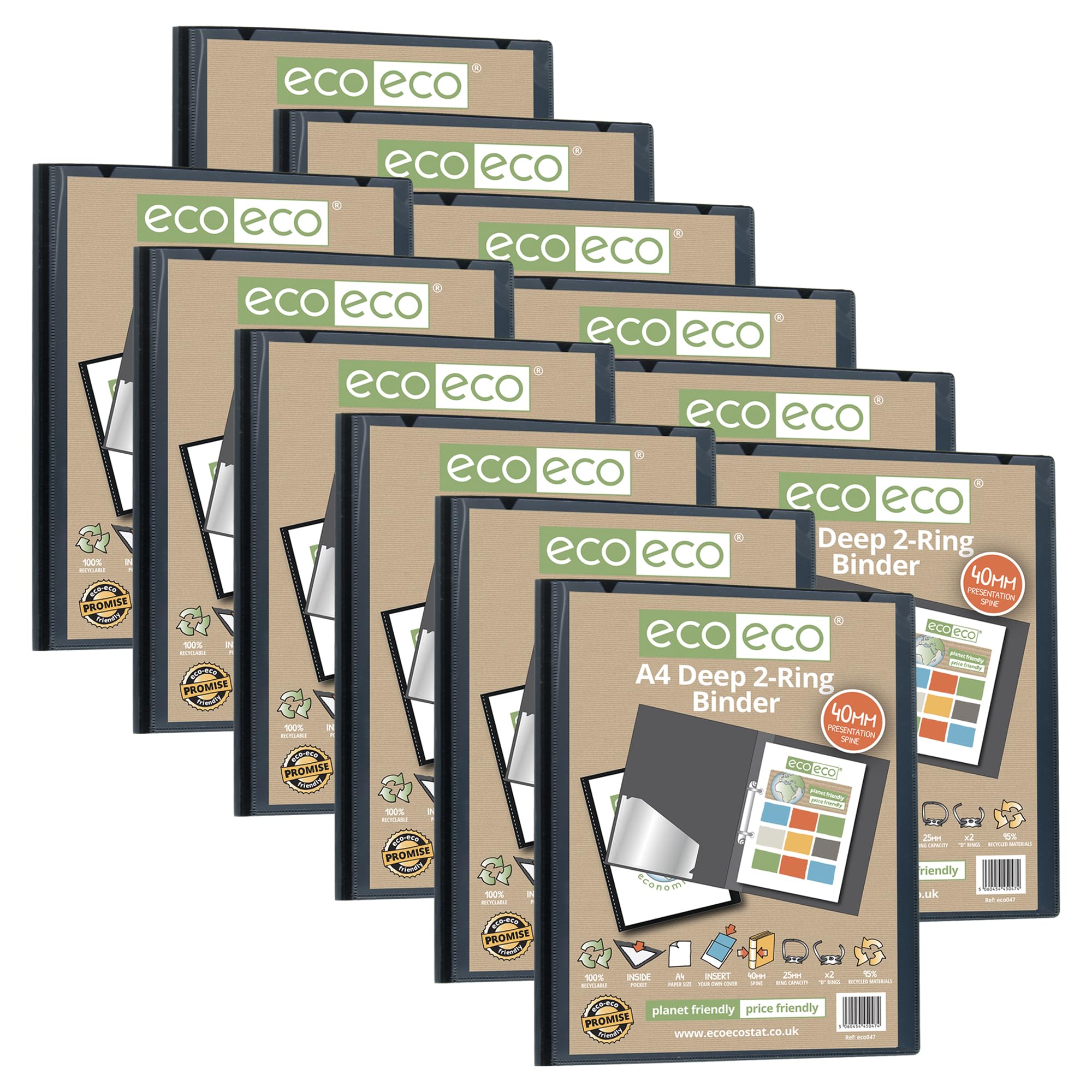 eco-eco A4 95% Recycled Presentation Deep Ring Binder, 40mm Presentation Spine x2 D Rings, Pack of 12 Black, eco047x12