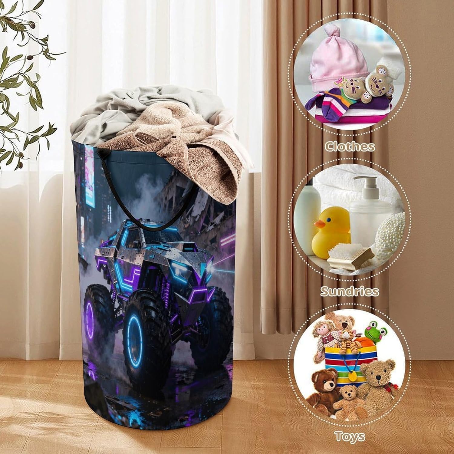 Monster Truck Laundry Hamper Fashion Dirty Laundry Hamper Portable Laundry Hampers with Handles Lightweight Large Clothes Storage Basket for Bedroom Bathroom