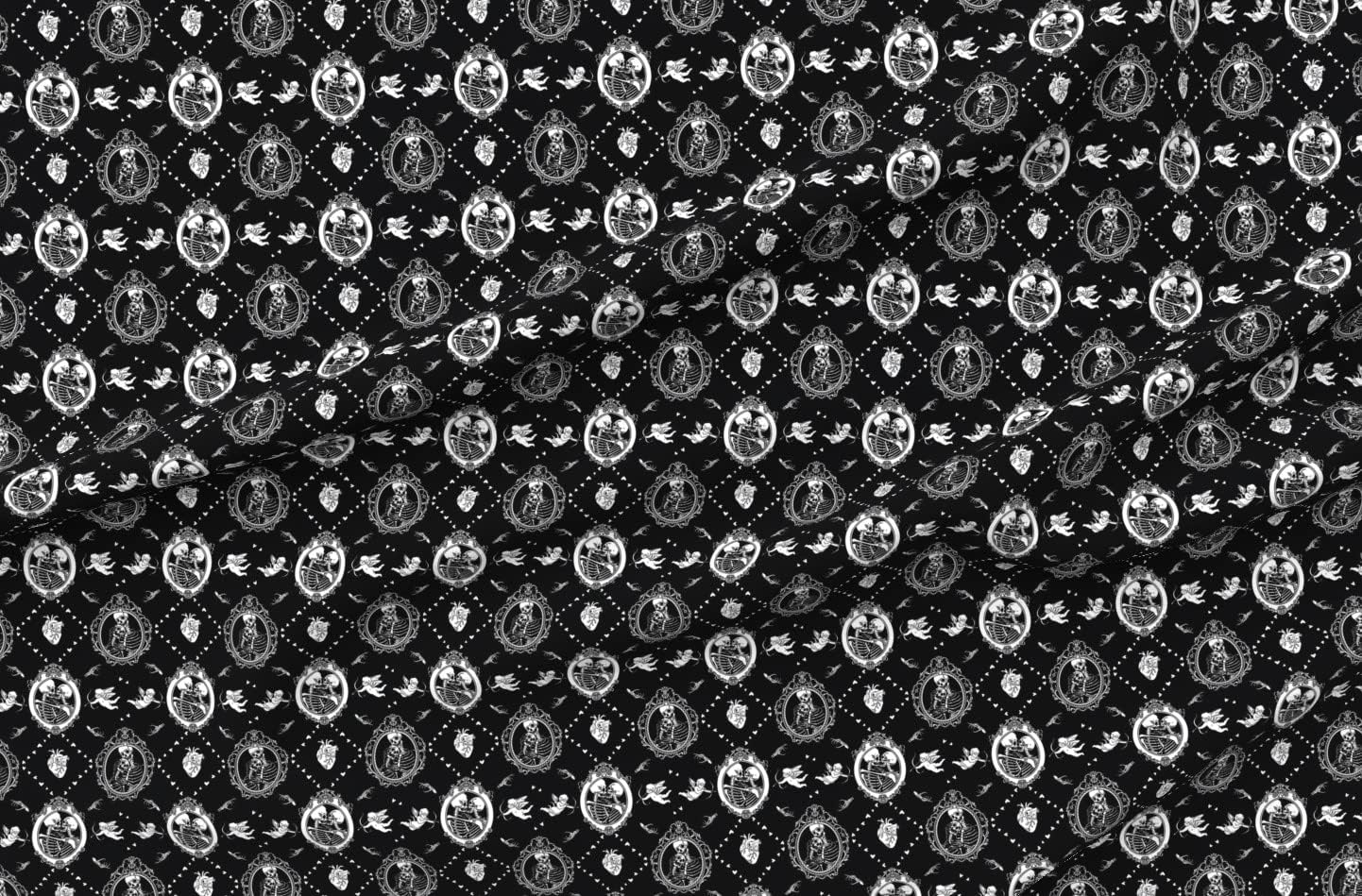 Spoonflower Fabric - Gothic Valentine Skeleton Love Kiss Halloween Cupid Anatomical Heart Printed on Organic Cotton Sateen Fabric by The Yard - Sewing Quilting Apparel Home Decor