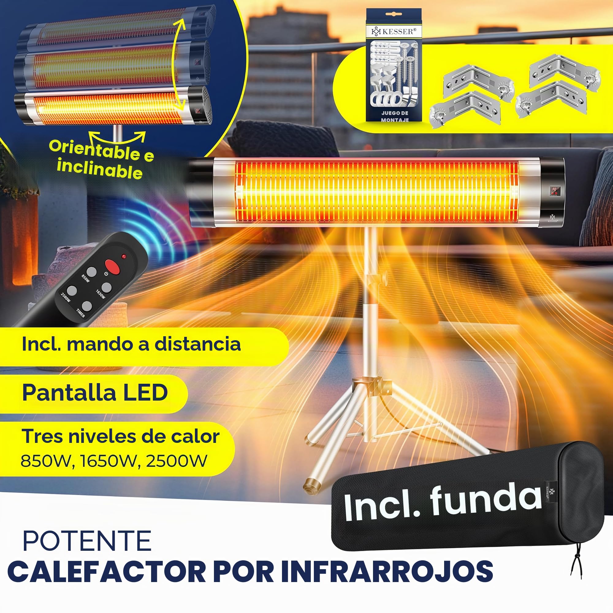 KESSER® Radiador de Infrarrojos, Calefacción Radiante, Trípode Telescópico Ajustable en Altura, Calefacción Radiante para Mesa de Cambiar Pañales, 2500W Con Control Remoto (Plata)