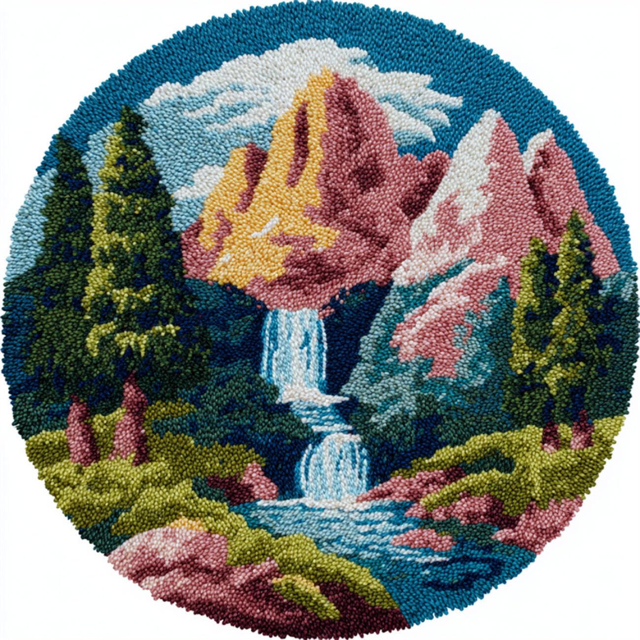 Kitquiver Round Rug Latch Hook Kit Mountains，Forests and Rivers 80x80cm
