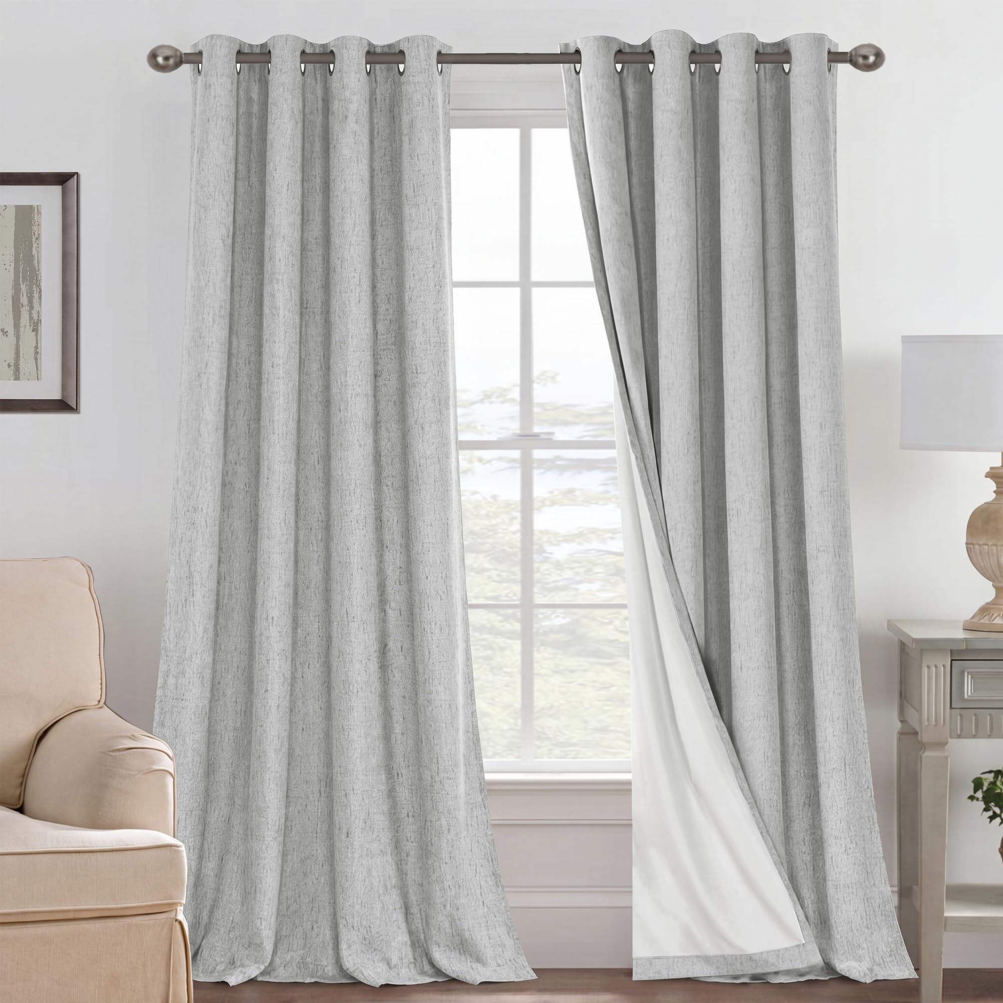 H.VERSAILTEX Blackout Curtains Linen Curtains 120 inches Long 100% Black Out Curtains for Bedroom Windows, Textured Linen Look Draperies Grommet with White Liner, 2 Panels, Glacier Gray