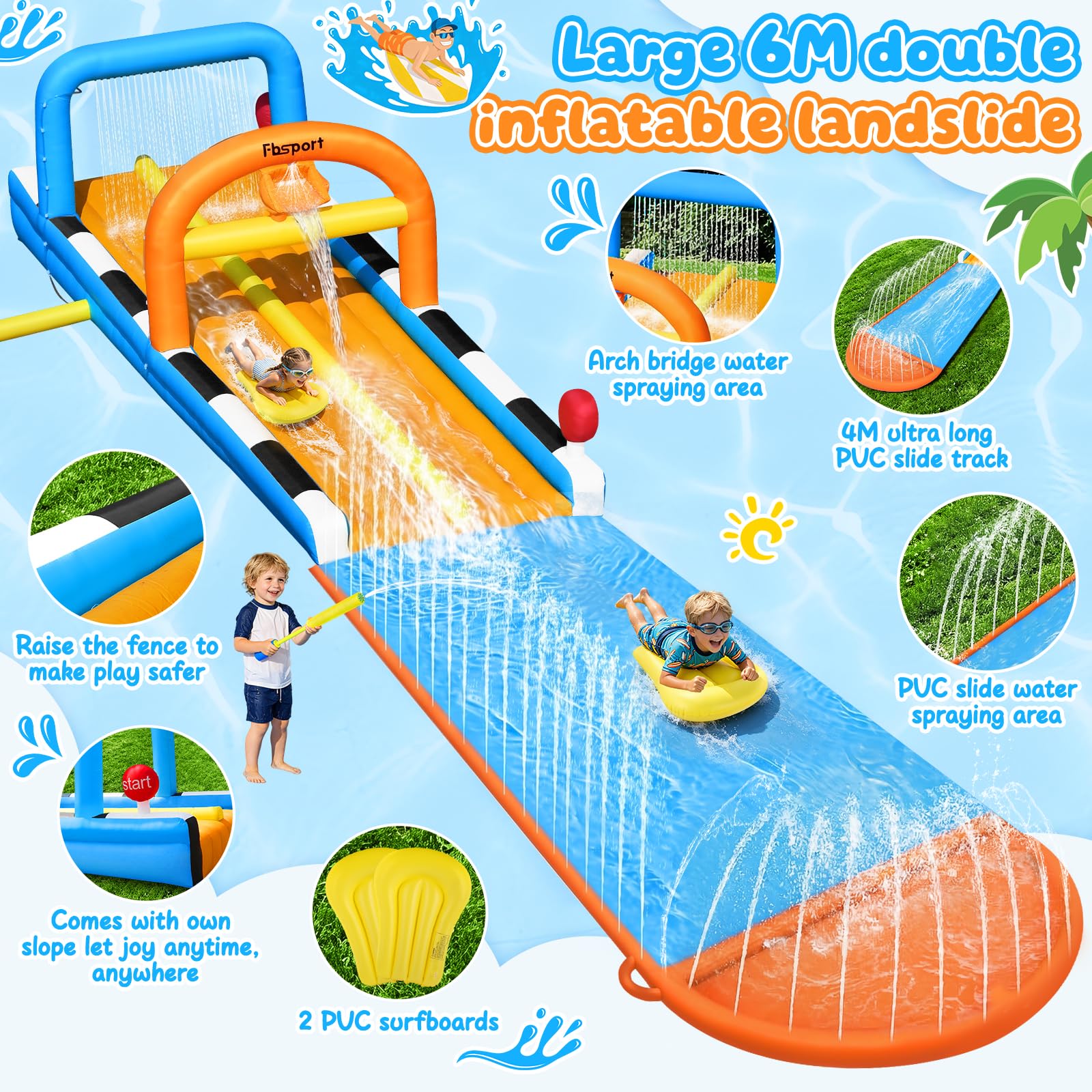 FBSPORT 10M Aufblasbare Wasserbahn | Wasser Hüpfburg Outdoor mit Doppelte Rennbahn, Rasen Wasserrutsche mit Sprinklern & 2 Bodyboards, Wasserpark Kinder Garten