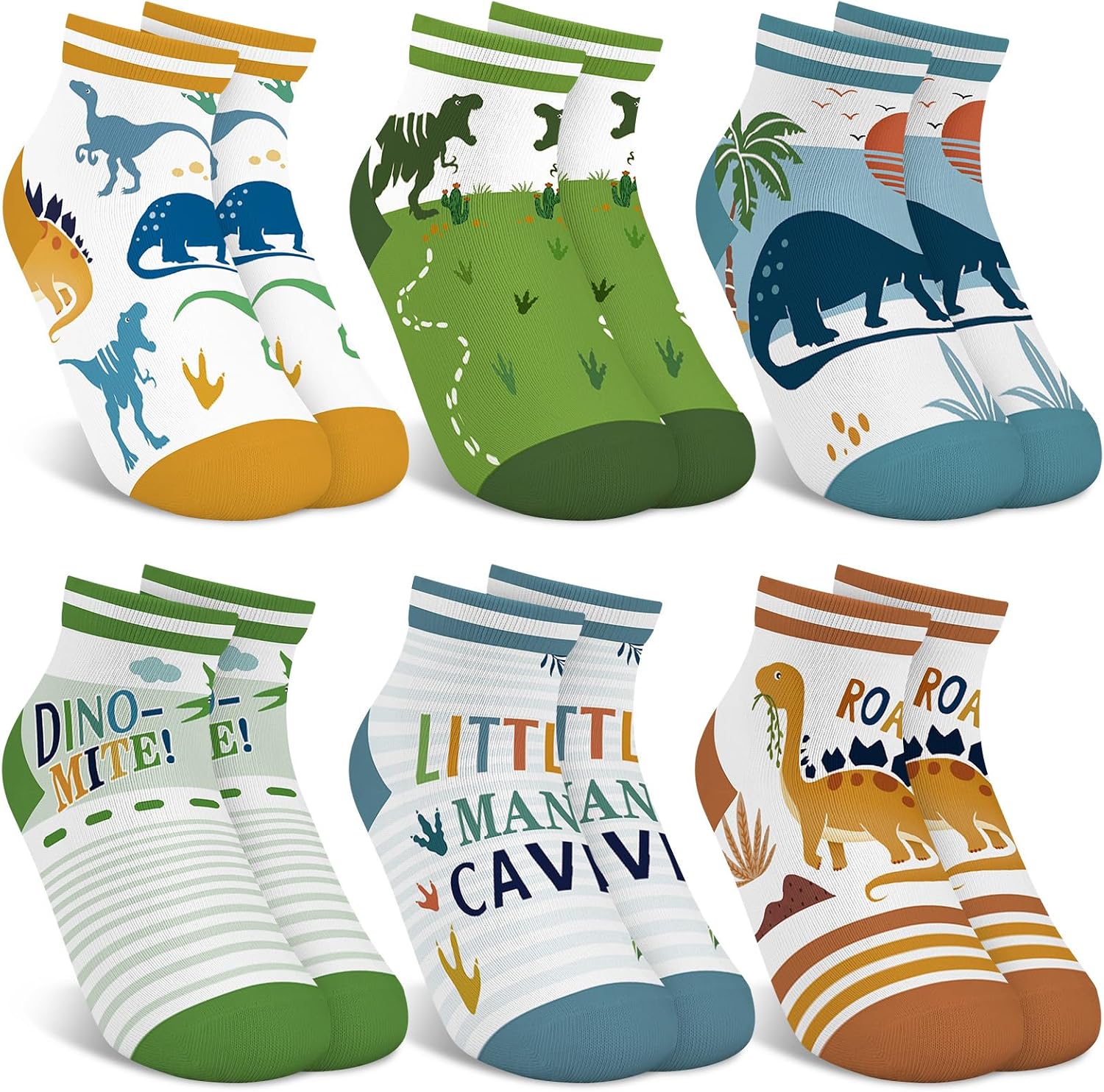 6 Pairs Kids Boys Ankle Socks Low Cut Cartoon Dinosaur Sunset Letters Breathable No Show Socks aged for 2-11 Years