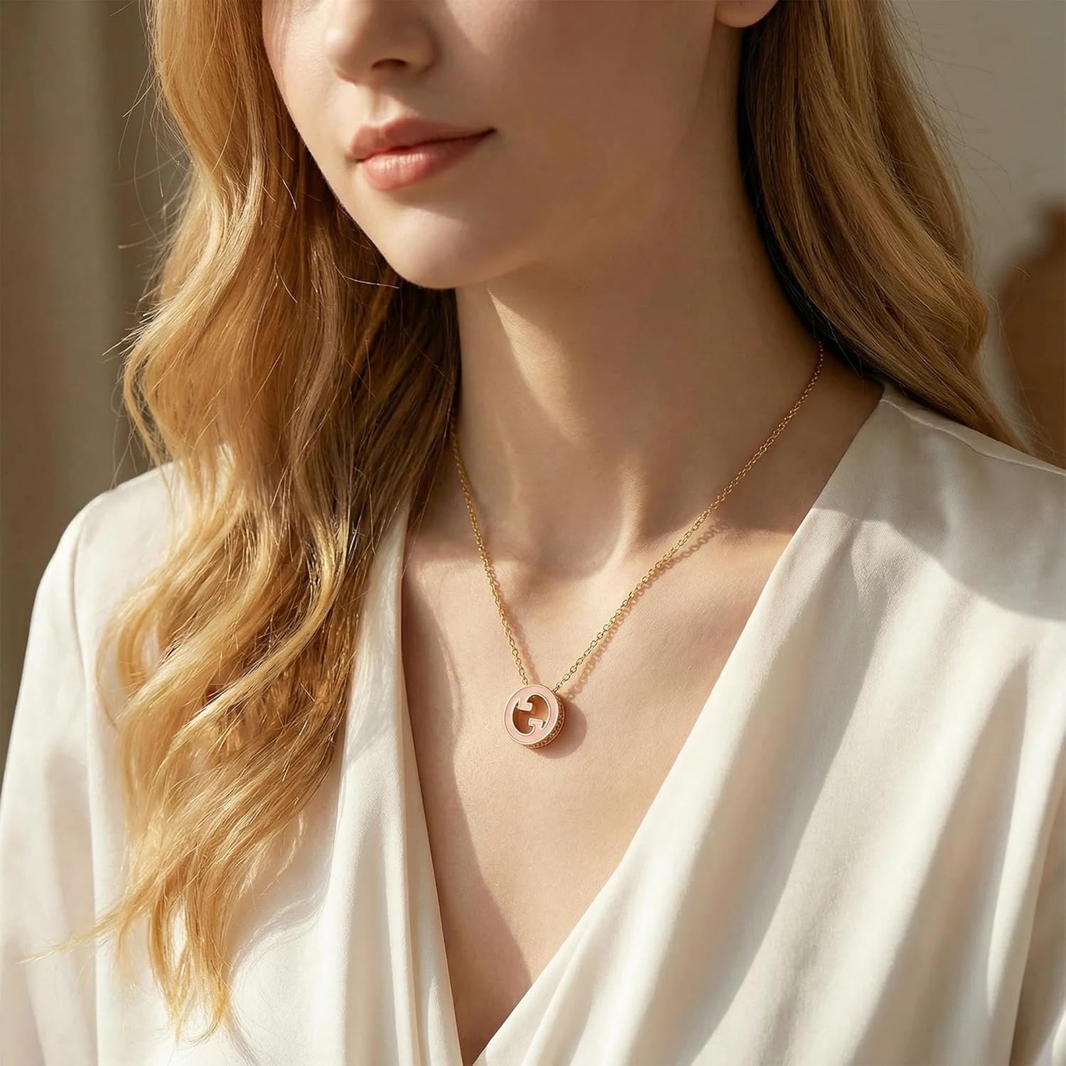 18K Gold Plated Copper Pink Enamel Round Pendant Necklace for Women, Geometric Hollow Charm with Rhinestone Edge, Adjustable Chain Minimalist Jewelry - Image 2