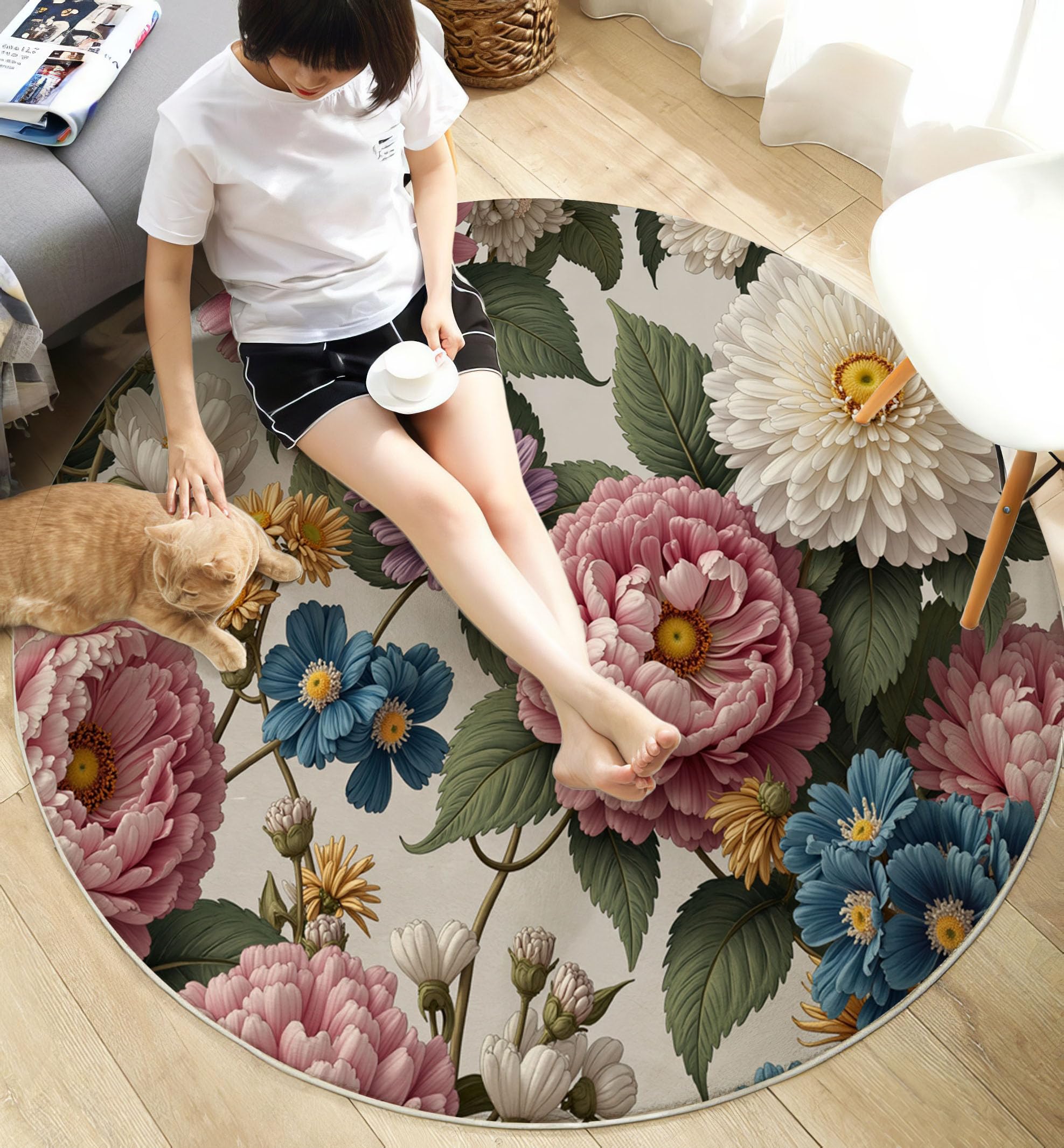 Tappeto rotondo Bouquet Peonie per soggiorno,lavabile in lavatrice,antiscivolo, a pelo basso e non perde pelo,Giardino Stile Classico Dipinto Olio per soggiorno,camera da letto,salotto,Ø 120 cm, Rosa