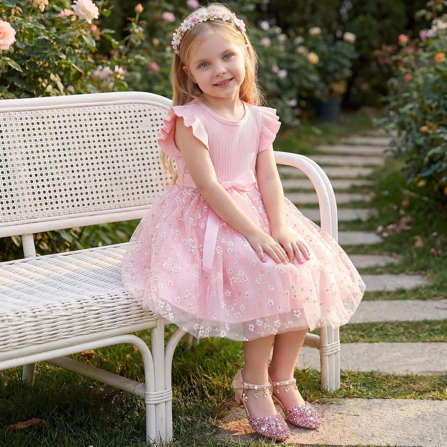 Furdeour Girls Dress Shoes Princess Crystal High Heels Closed Toe Party Wedding Flower Girls Shoes Toddler Little Big Kid