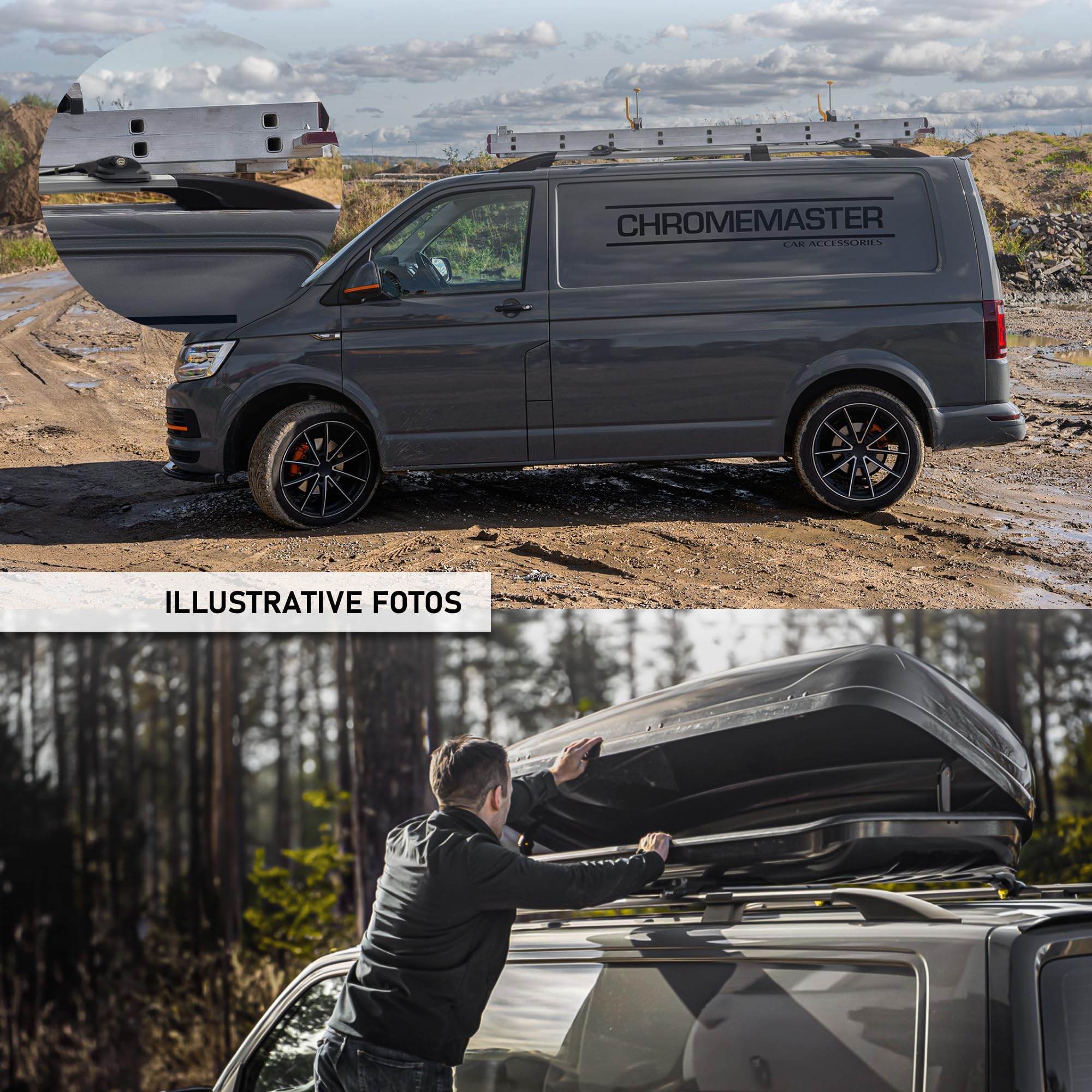 CHROMEMASTER Dachreling Dachträger Kompatibel mit VW T5 Transporter Short 2003-2015 | Zur Befestigung der Dachgepäckträger, Dachboxen oder Dachfahrradträger | Robuste Konstruktion aus Alu