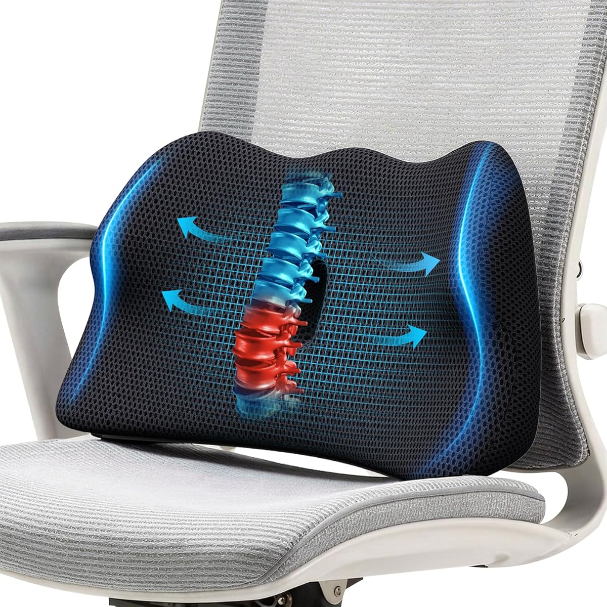Benazcap Lumbar Support Cushion - Back Support Cushion for Pain Relief, Office Chair Cushion, Coccyx Cushion with Ergonomic Design, Seat Cushions for Car, Gaming, Living Room Chairs, Black