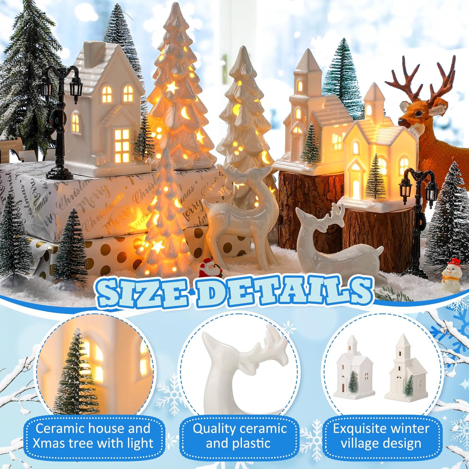 Nuogo 14 Pcs Ceramic White LED Christmas Village Houses Set Including Christmas Tree Porcelain Reindeer Figurine Small House Lamp Post Ceramic White Winter Village Decors for Xmas Tabletop Fireplace - Image 6