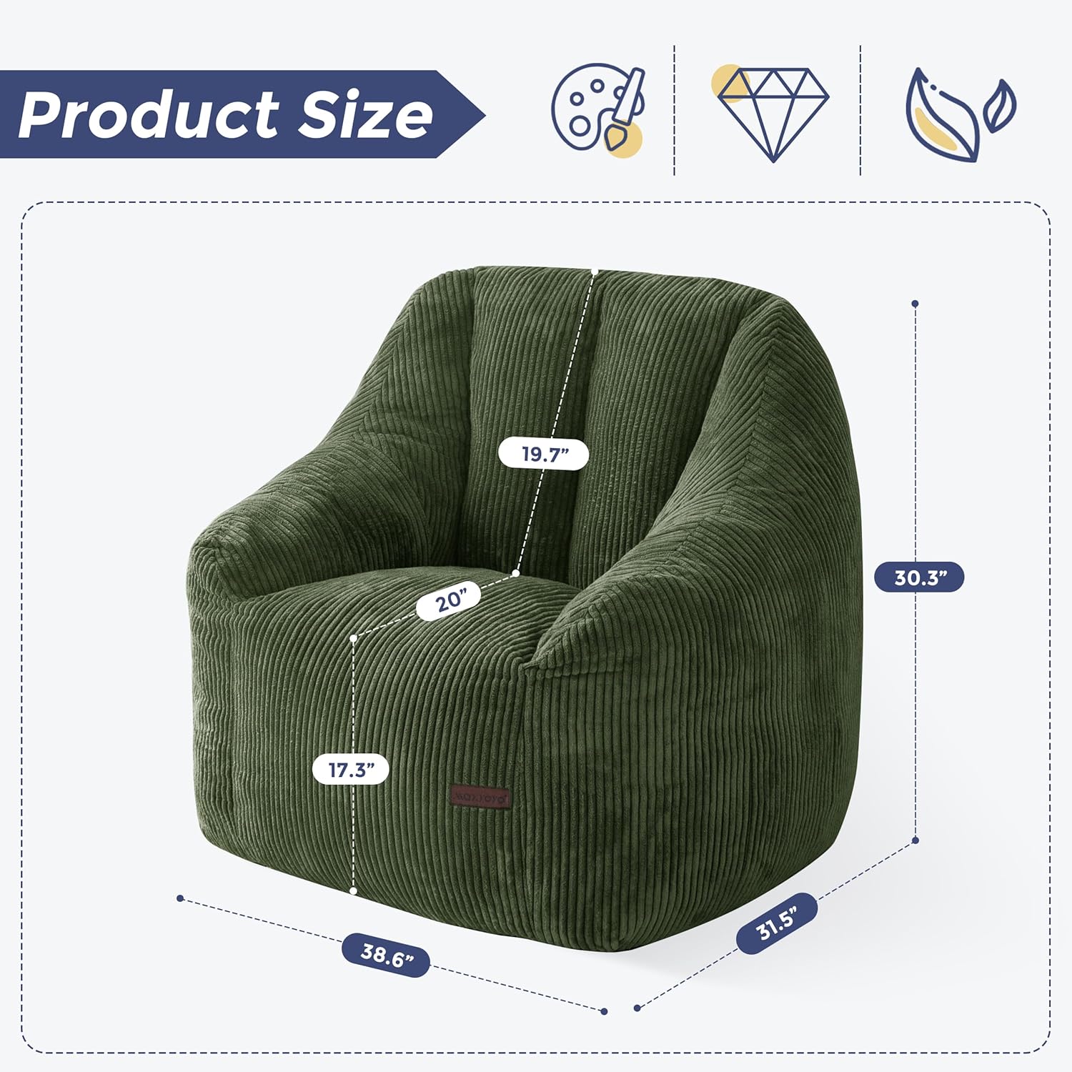 MAXYOYO Bean Bag Chair, Bean Bag Sofa with Filler, Cozy Living Room Chair for Adults and Kids, Stuffed Floor Sofa for Bedroom Dorm Reading, Dark Green