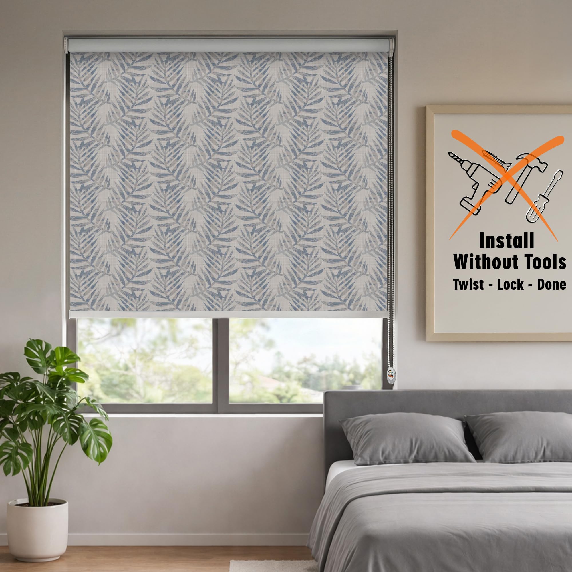 HIPPO No Drill Printed Blackout Blinds for Windows | No Tools No Screw Roller Blind,Full Light & Heat Blocking, UV Protection, Smooth Chain, Inside Mount, Home Office (Coastal-Palm, 3FTX5FT)-image-3