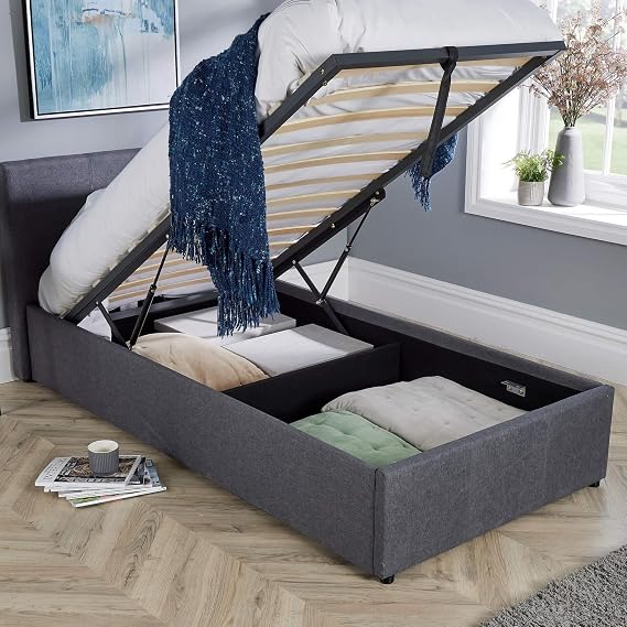 Home Source Single 3ft End Gas Lift Fabric Ottoman Storage Bed, Grey