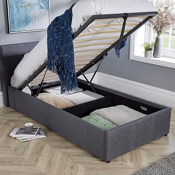 Home Source Single 3ft End Gas Lift Fabric Ottoman Storage Bed, Grey