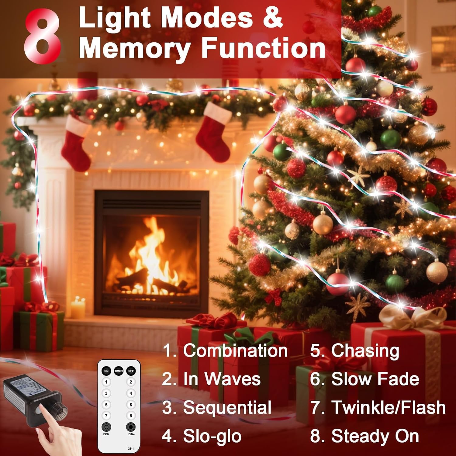 HELESIN 101FT 620LED Candy Canes Rope Lights with 8 Lighting Modes, Christmas Candy Cane Lights Waterproof Christmas Lights Decoration for Party Garden Yard Halloween Holiday Tree Decoration