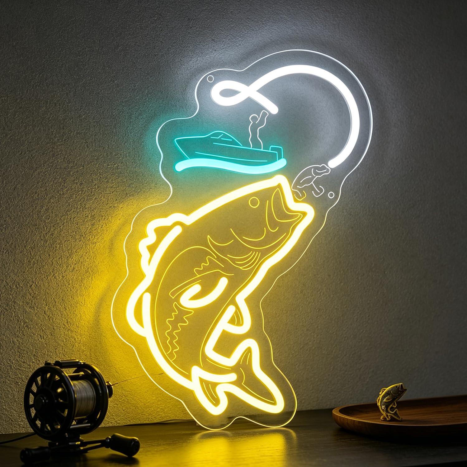 Fishing Neon Sign LED Neon Anglers & Bass Sign Light Up for Wall Decor, Dimmable USB Powered Neon Light for Bedroom Living Room Man Cave Yacht Fishing Art Decor for Teens Boy Men Gifts 10.98”x15”