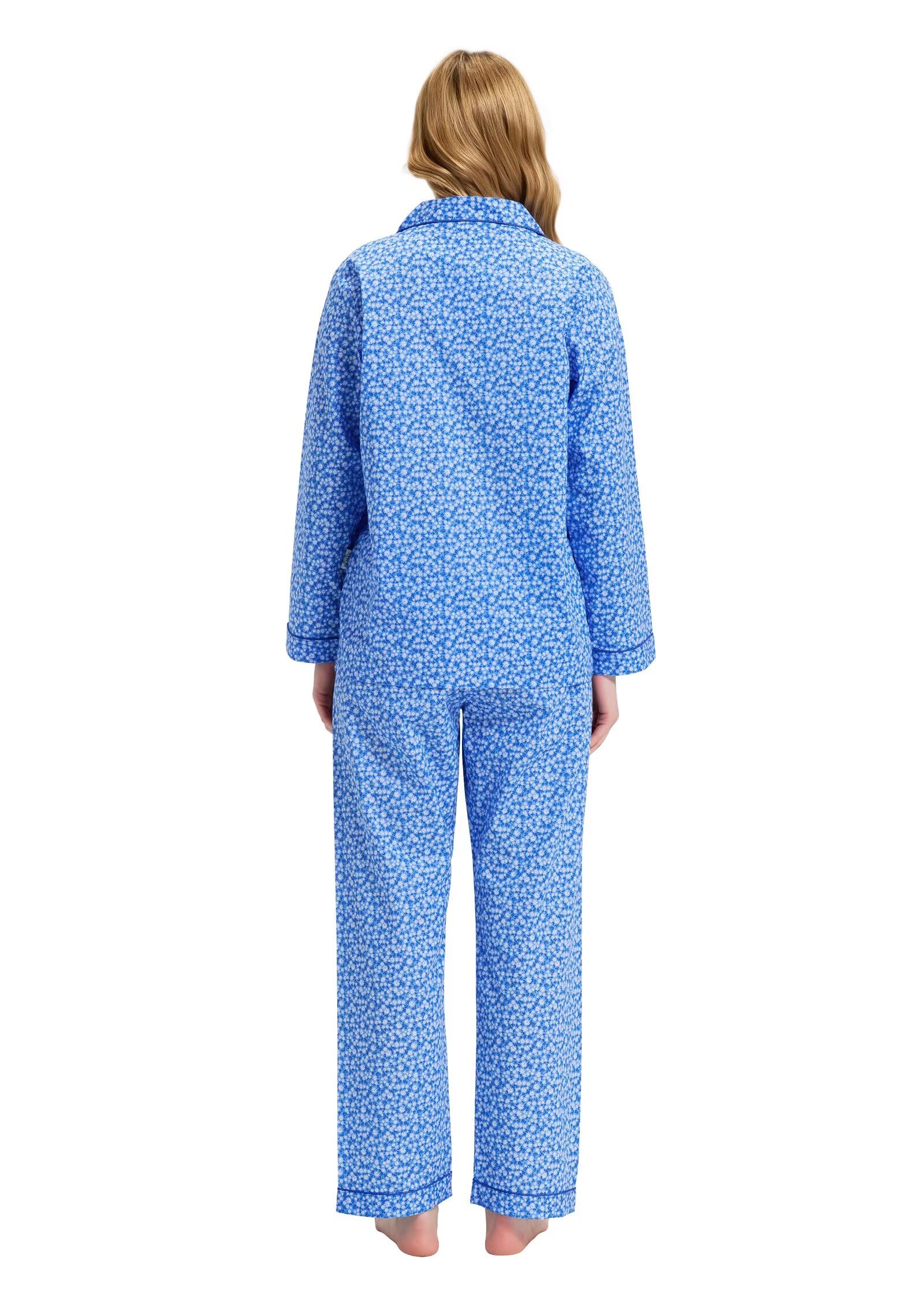 GLOBAL Conjunto de Pijama de Mujer 100% Algodón Floral de Manga Larga con Botones para Mujer Ropa de Dormir con Cordón Ropa de Dormir Suave y Transpirable Conjunto de Pijama de Mujer PJS