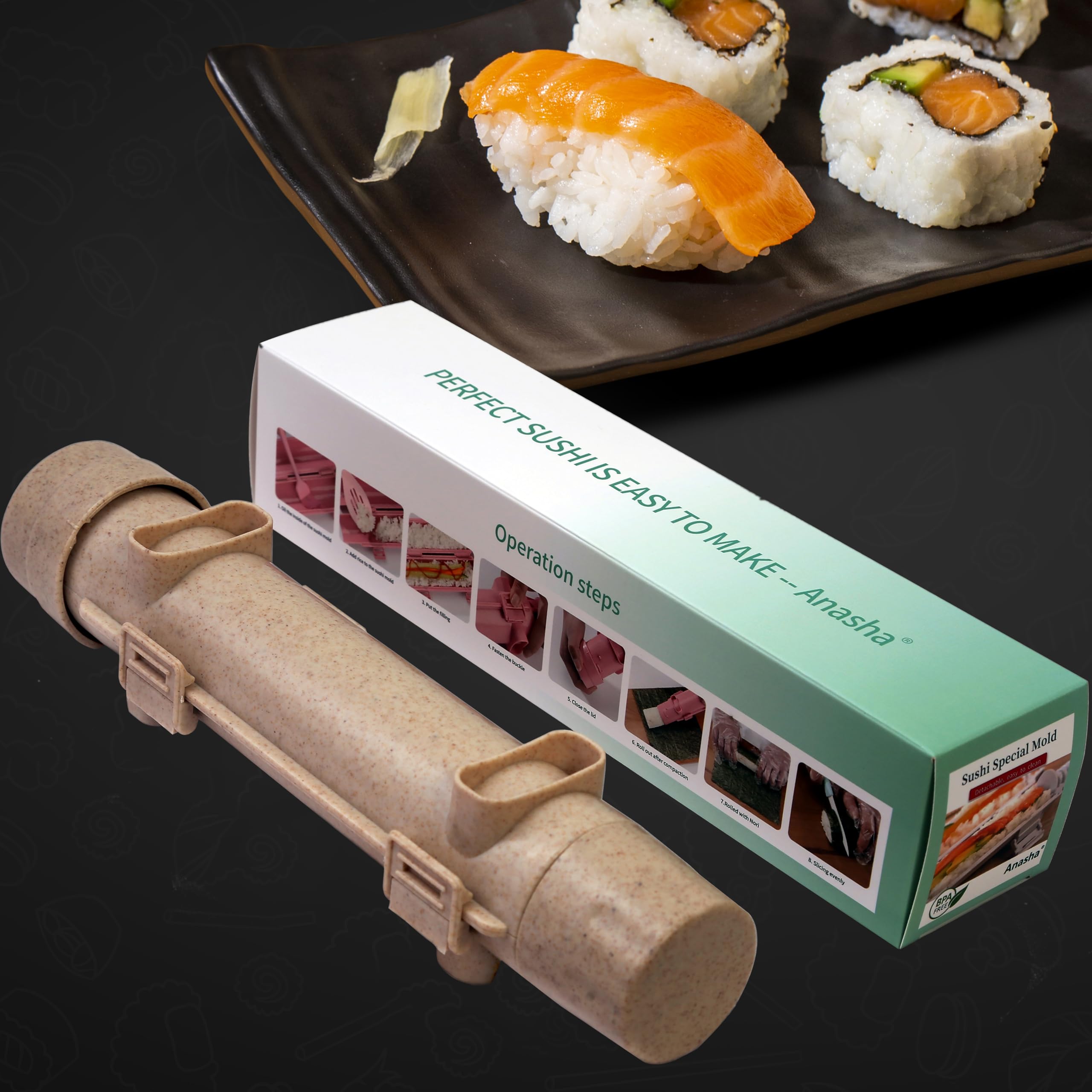 Máquina de sushi, bazuca de sushi de grado alimenticio, moldes de sushi, perfecto para manualidades de rodillo de sushi con arroz, verduras y carne. Juego de herramientas de sushi ideal para 7