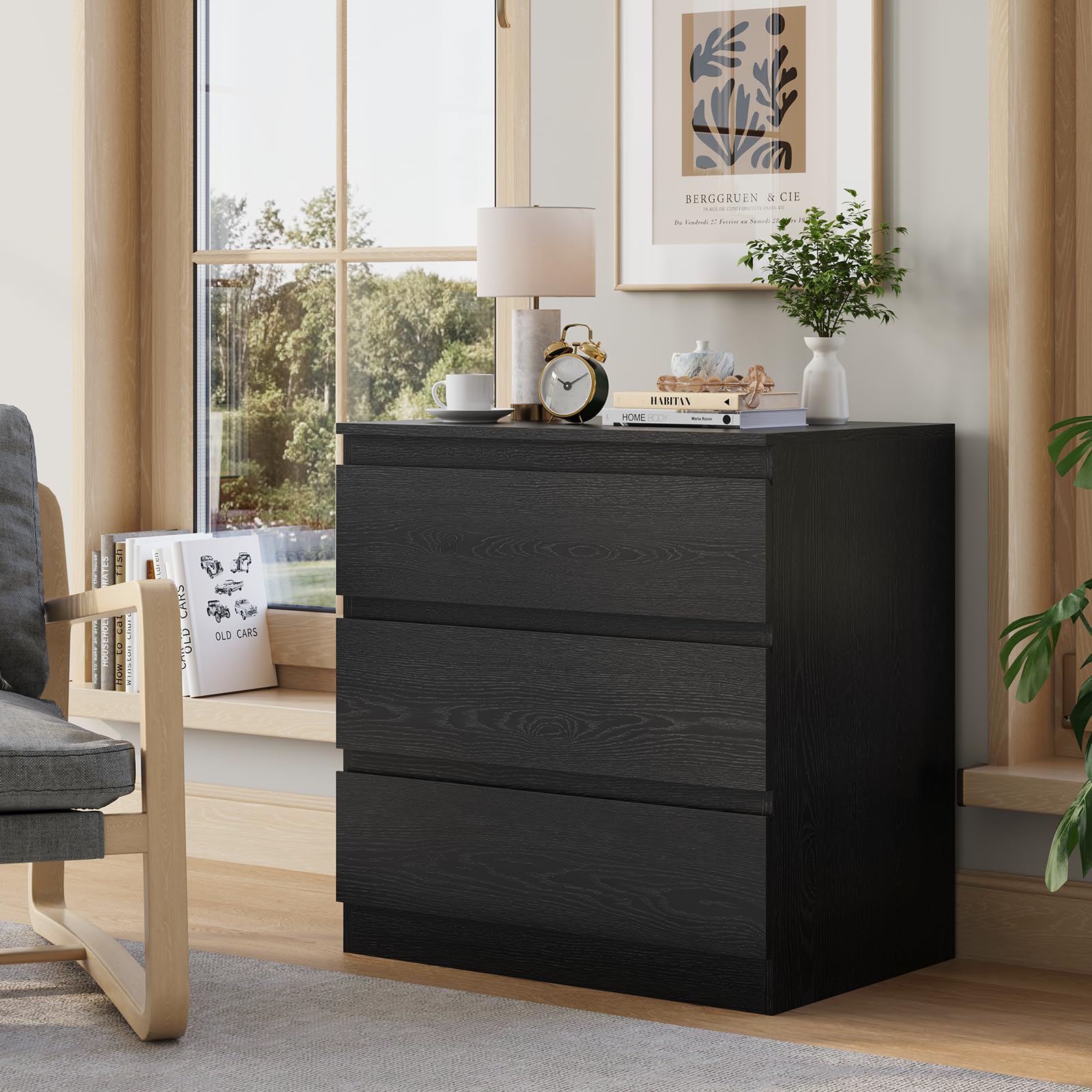 OtterOasis Black Wood Dresser for Bedroom, 3-Drawer Dresser for Clothes Storage, Modern Dressers with Wide Drawers, Wide Wooden Chest Drawers for Living Room, Entryway, TV Stand