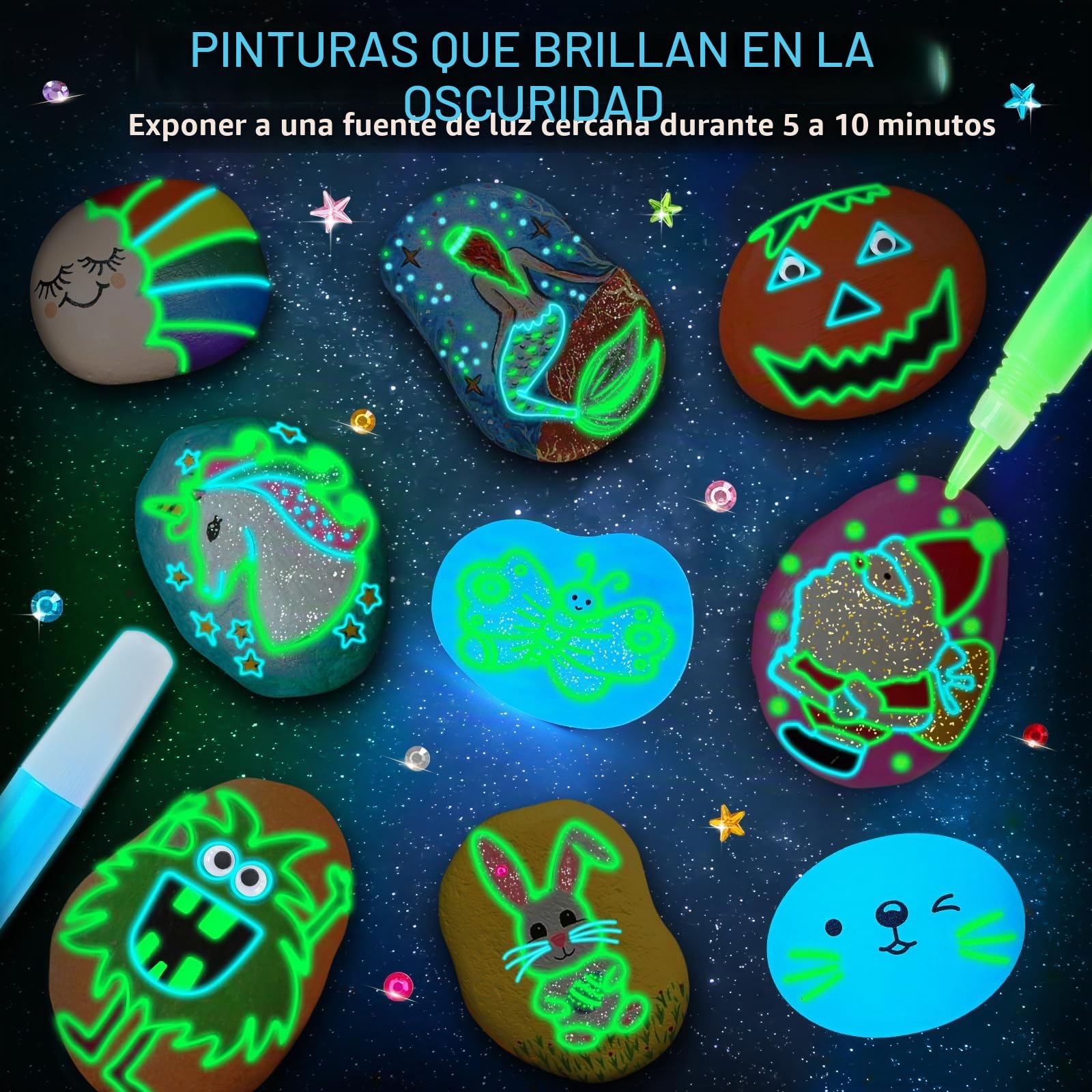 BYHANO Set De Pintura Sobre Piedras – 12 Rocas Con Pintura Que Brilla En La Oscuridad, Para Niños De 3 A 12 Años