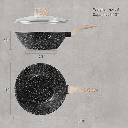 Miniatura 2 de CAROTE Wok antiadherente con tapa de 30.5 cm4.99 L Woks y sartenes para freír Sartén wok antiadherente de granito para inducción Sartén para freír