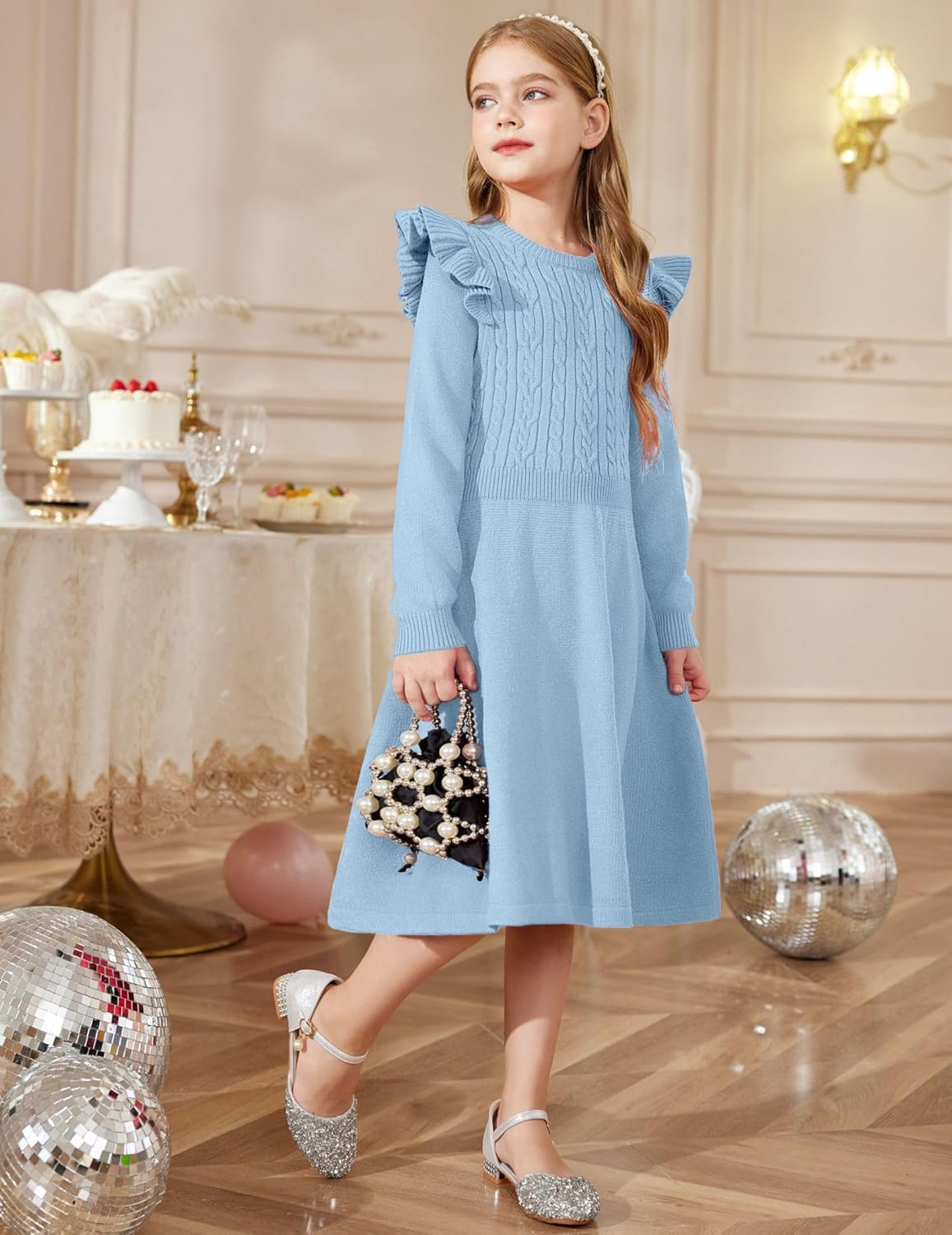 Arshiner Girls Sweater Dress Fall Winter Lantern Long Sleeve Cable Knit Pullover Midi Dresses - Image 4